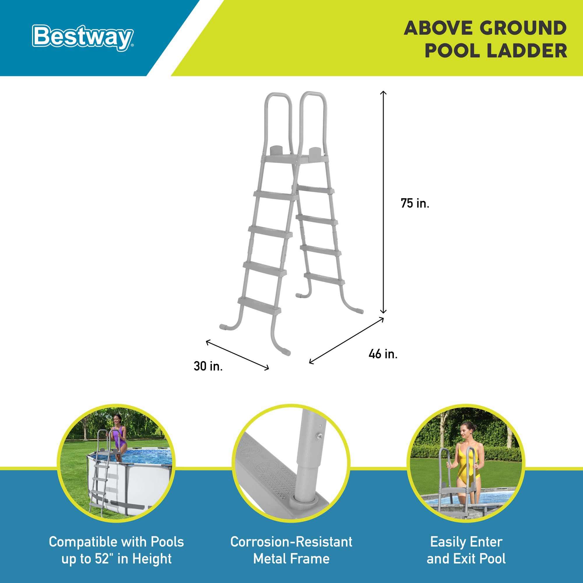 Bestway Flowclear 52-Inch Heavy Duty Metal A-Frame Above Ground Pool Ladder with Double-Sided Plastic Steps - Perfect for Inground & Above Ground Swimming Pools, Easy Entry & Exit