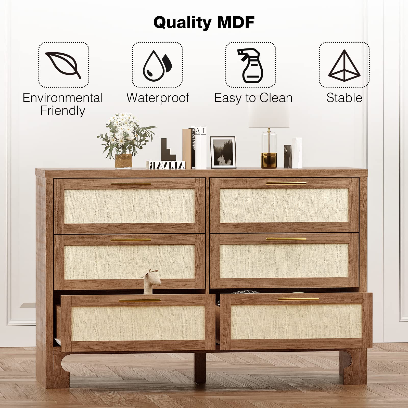 IDEALHOUSE 6-Drawer Burlap Design Wood Dresser for Bedroom, Closet, Living Room, Hallway & Nursery - Caramel Finish Storage Chest | Perfect for Kids' Room Organization & Home Decor