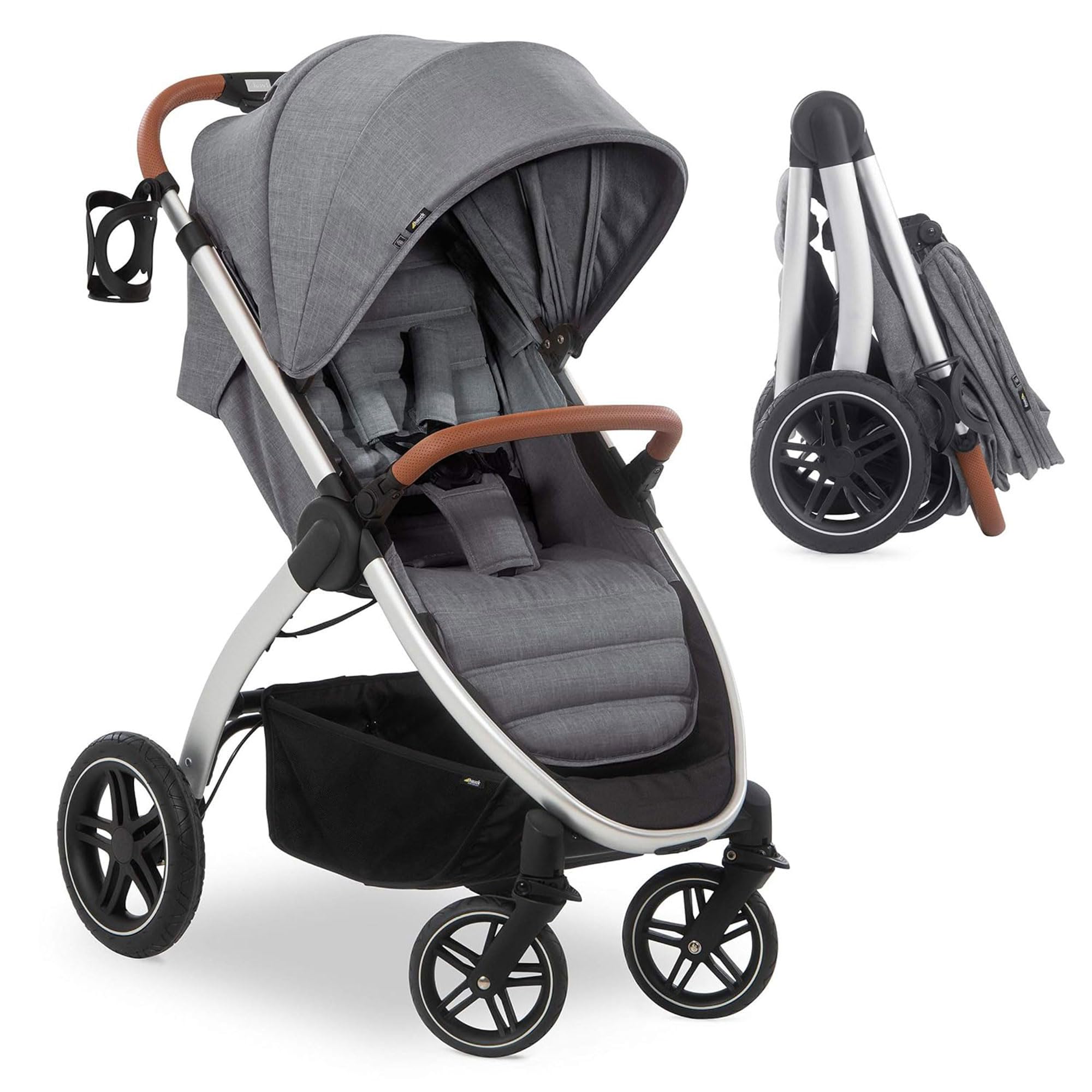 Hauck Uptown Deluxe Stroller - One-Hand Compact Fold, Fully Reclining Seat, Adjustable Handle Height, Cup Holder, 55 lbs Weight Limit - Melange Grey | Perfect for City Walks, Shopping & Travel with Baby
