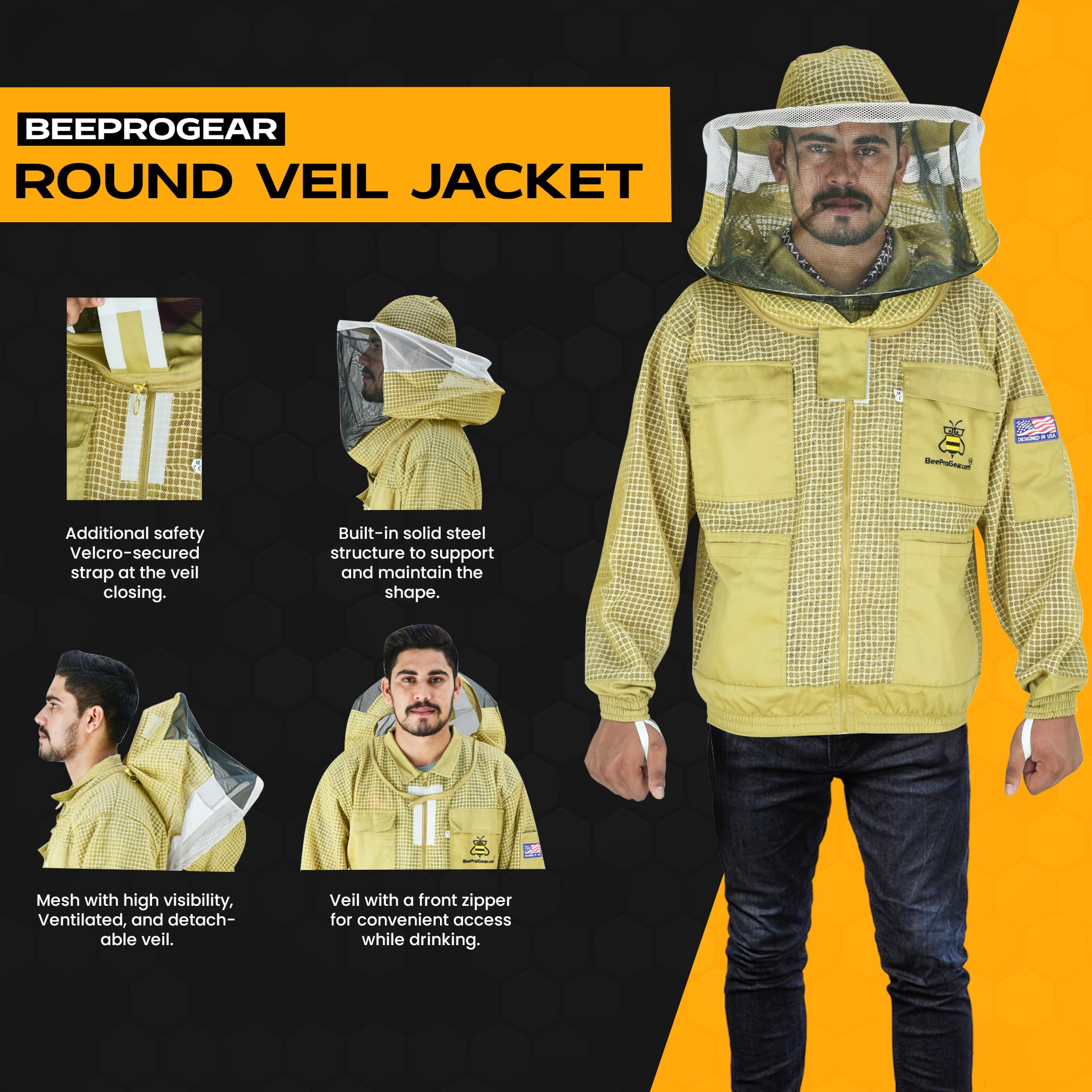 BeeProGear 3-Layer Ultra Mesh Beekeeping Jacket with Round Veil - Sting-Proof Leather Gloves & Storage Bag - Unisex Beekeeping Suit for Men & Women (Brown, 4XL) - Ideal for Honey Harvesting, Hive Inspection & Apiary Protection