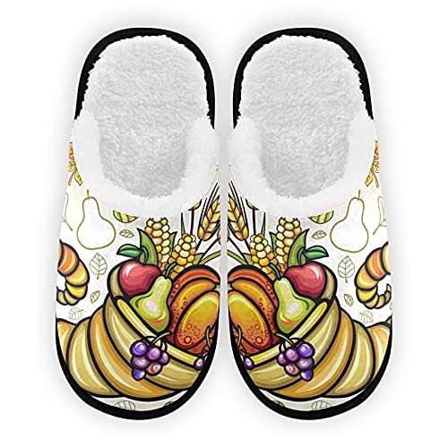 VIGTRO Women's Cozy Fuzzy Slippers - Soft Coral Fleece Memory Foam Indoor House Shoes with Anti-Skid Sole, Thanksgiving Cornucopia & Autumn Harvest Design - Perfect for Relaxing at Home, Gift Giving & Holiday Comfort