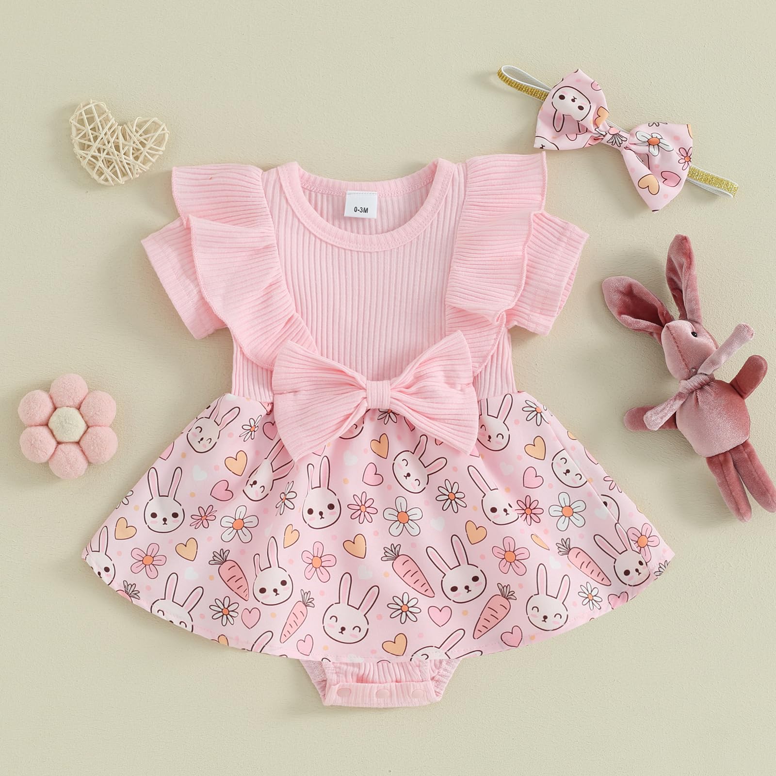Karuedoo Newborn Baby Girl Easter Romper Dress - Ruffle Short Sleeve Bunny & Eggs Print Jumpsuit Bodysuit with Headband - Perfect for Easter Photos, Spring Outfits & Baby Showers