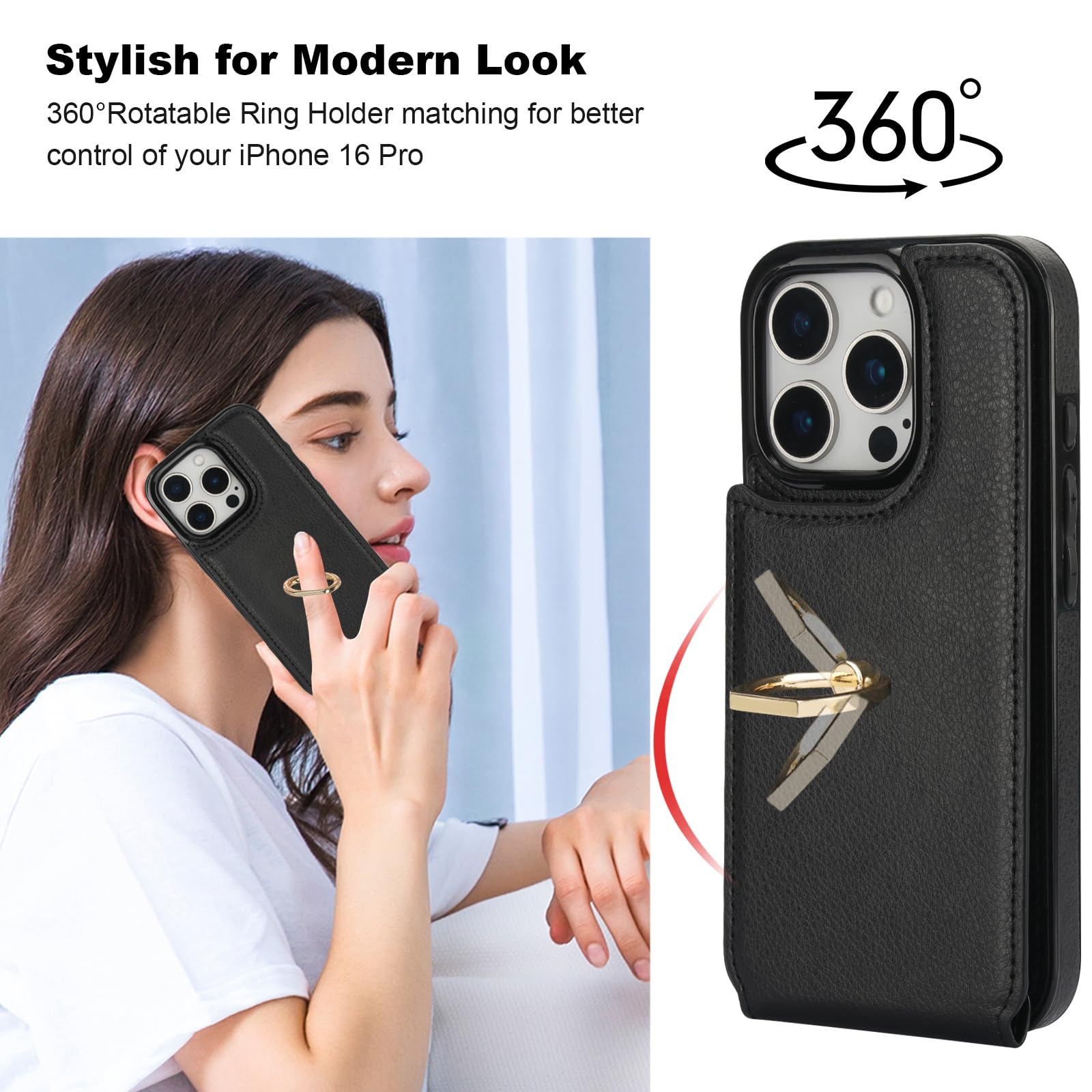 Folosu iPhone 16 Pro Case Wallet with Card Holder - 360° Rotating Finger Ring Stand & Kickstand | RFID Blocking Leather Protective Cover with Shockproof Double Buttons for 6.3