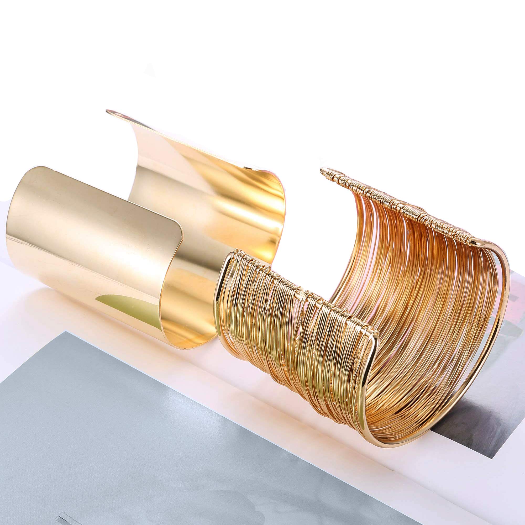 RIOSO 4 Pcs Gold Wire Cuff Bangle Bracelets for Women - Open Wide Wrap Wrist Cuff Bracelet Set - Perfect for Parties, Weddings & Everyday Fashion Accessories