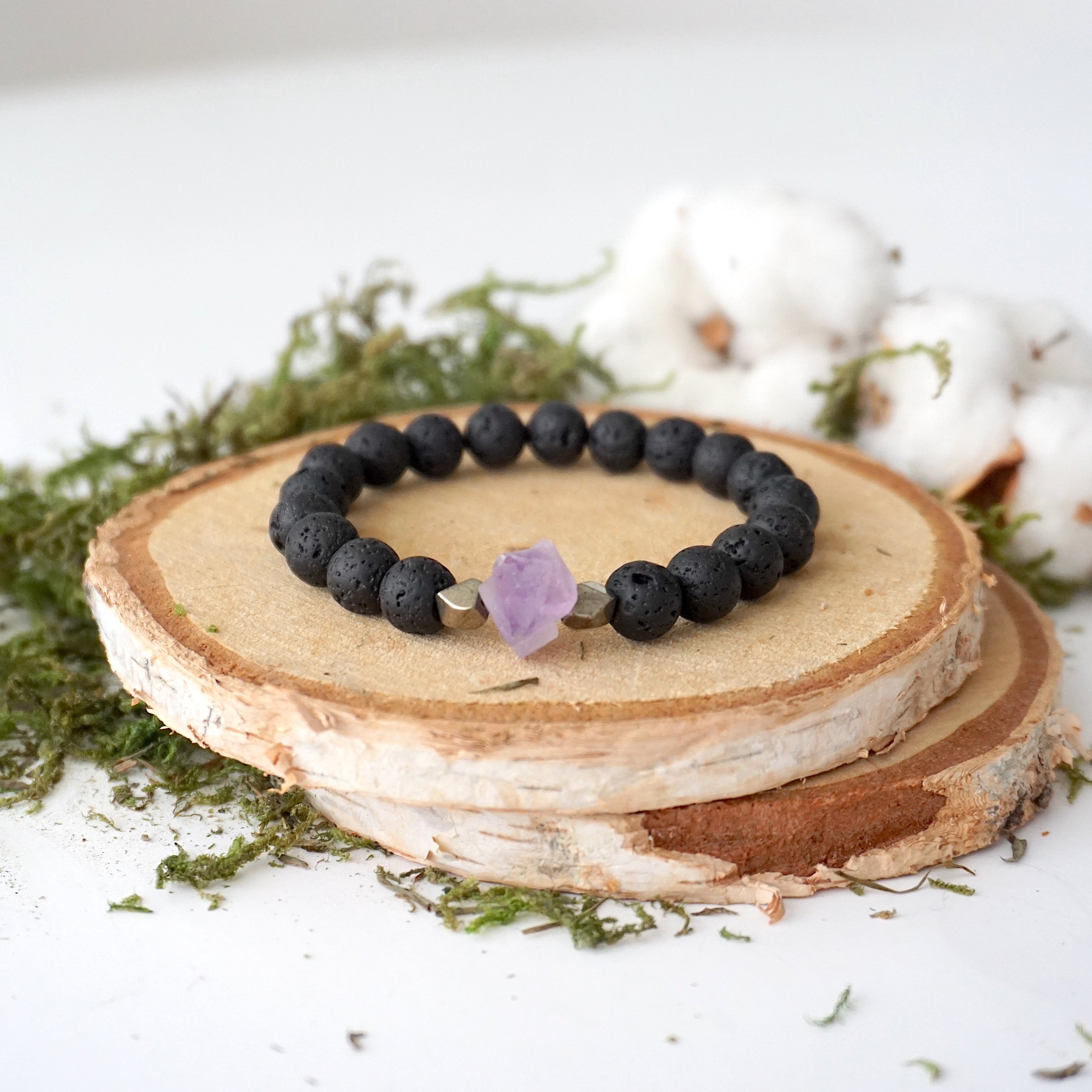 Natural Raw Amethyst & Black Lava Stone Beads Healing Crystal Mala Bracelet for Meditation, Yoga & Spiritual Protection | Handmade Gemstone Jewelry Gift