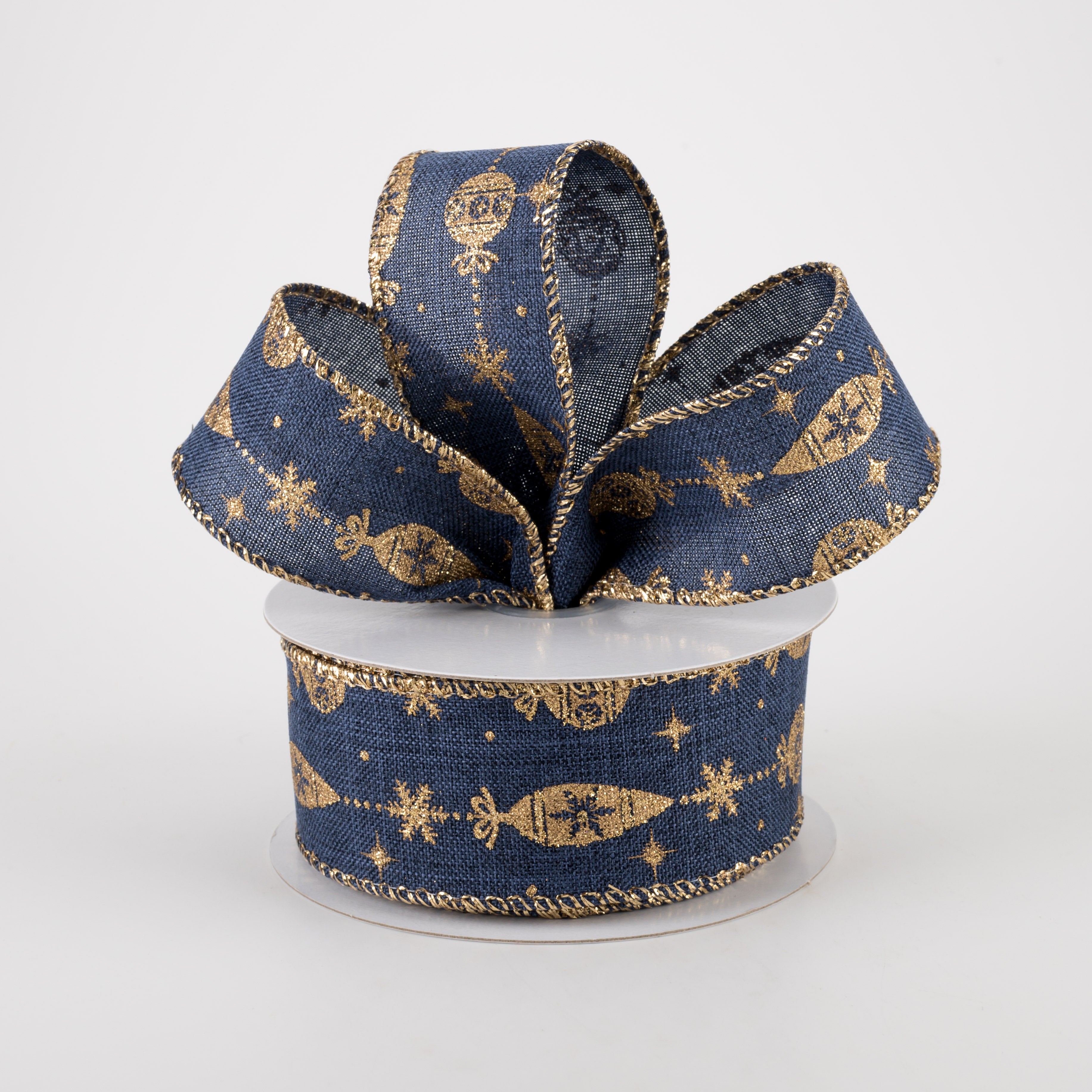 1.5 Inch Navy Blue Linen Ribbon with Gold Ornament - 10 Yards for Gift Wrapping, DIY Crafts, and Holiday Decorations