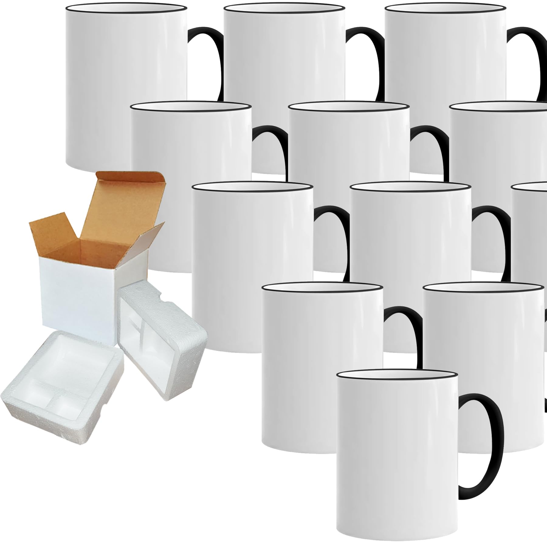 12 Pack 11 oz Black Ceramic Sublimation Mugs with Comfortable Handle & Rim - Heat Transfer Ready for Custom Designs - Perfect for Coffee, Tea & DIY Gifts - Packaged in Protective Foam Cardboard Box