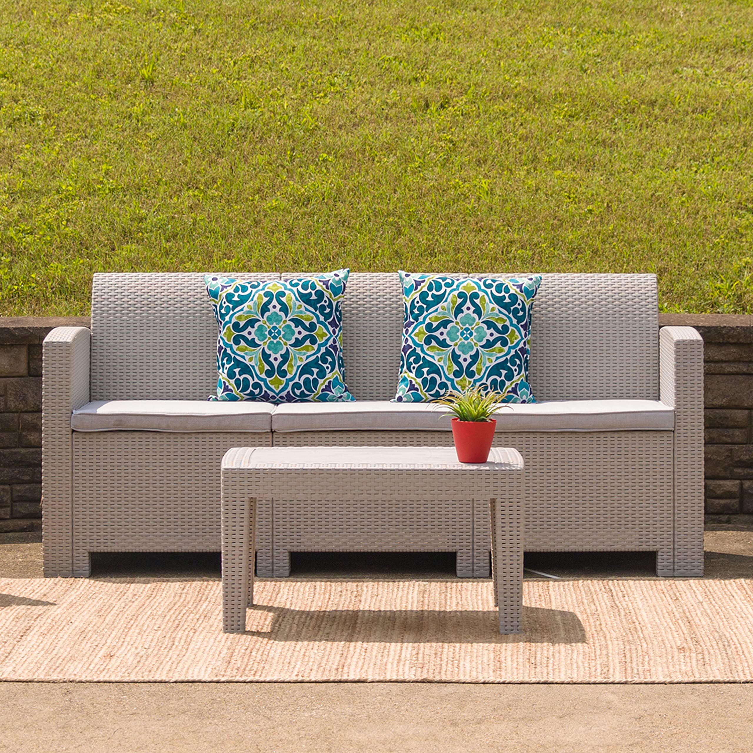 Emma & Oliver Light Gray Faux Rattan Coffee Table - Modern Woven End Table for Living Room, Patio & Outdoor Decor