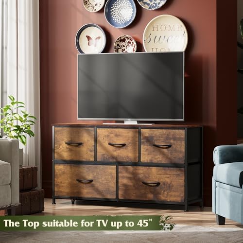 WLIVE 5-Drawer Fabric Dresser for Bedroom - Rustic Brown Wood Grain Storage Organizer with Fabric Bins | Perfect for Closet, Living Room & Hallway Organization