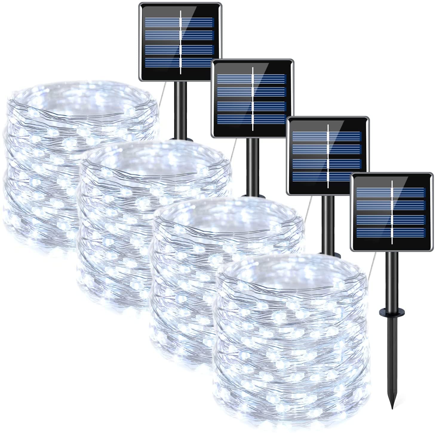 4 Pack 33 Feet 100 LED Solar Powered Outdoor String Lights - Waterproof Fairy Lights with 8 Modes & Copper Wire for Patio, Yard, Garden, Trees, Christmas, Wedding, Party Decorations (White) - Perfect for Backyard, Landscape, and Holiday Lighting
