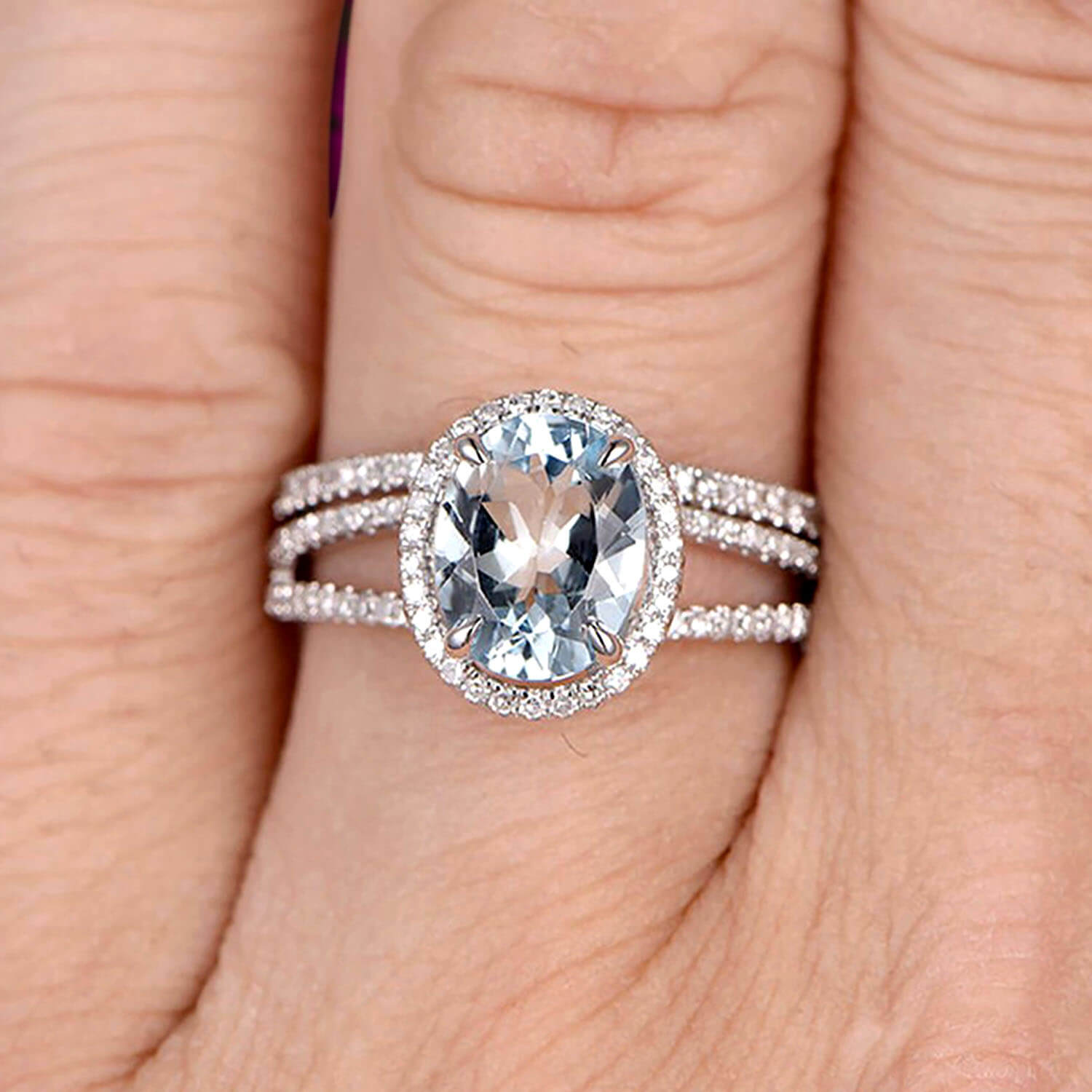 1.75 Carat Oval Cut Aquamarine Engagement Ring Set with Matching Wedding Band in 10k White Gold - Art Deco Style Bridal Jewelry for Anniversary, Proposal & Stackable Rings - Perfect for Weddings, Valentine's Day & Special Occasions