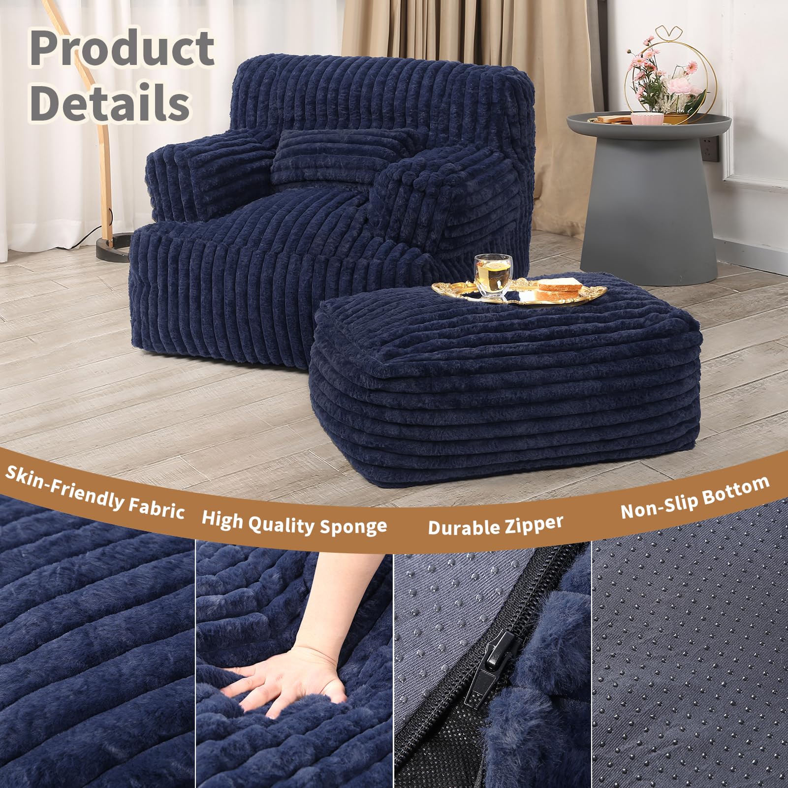Extra Large Bean Bag Chair for Adults - Oversized Bean Bag Sofa with Ottoman, Ultra Comfortable Reading Chair for Dorm, Living Room & Bedroom (Navy Blue) - Perfect for Relaxing, Gaming & Movie Nights