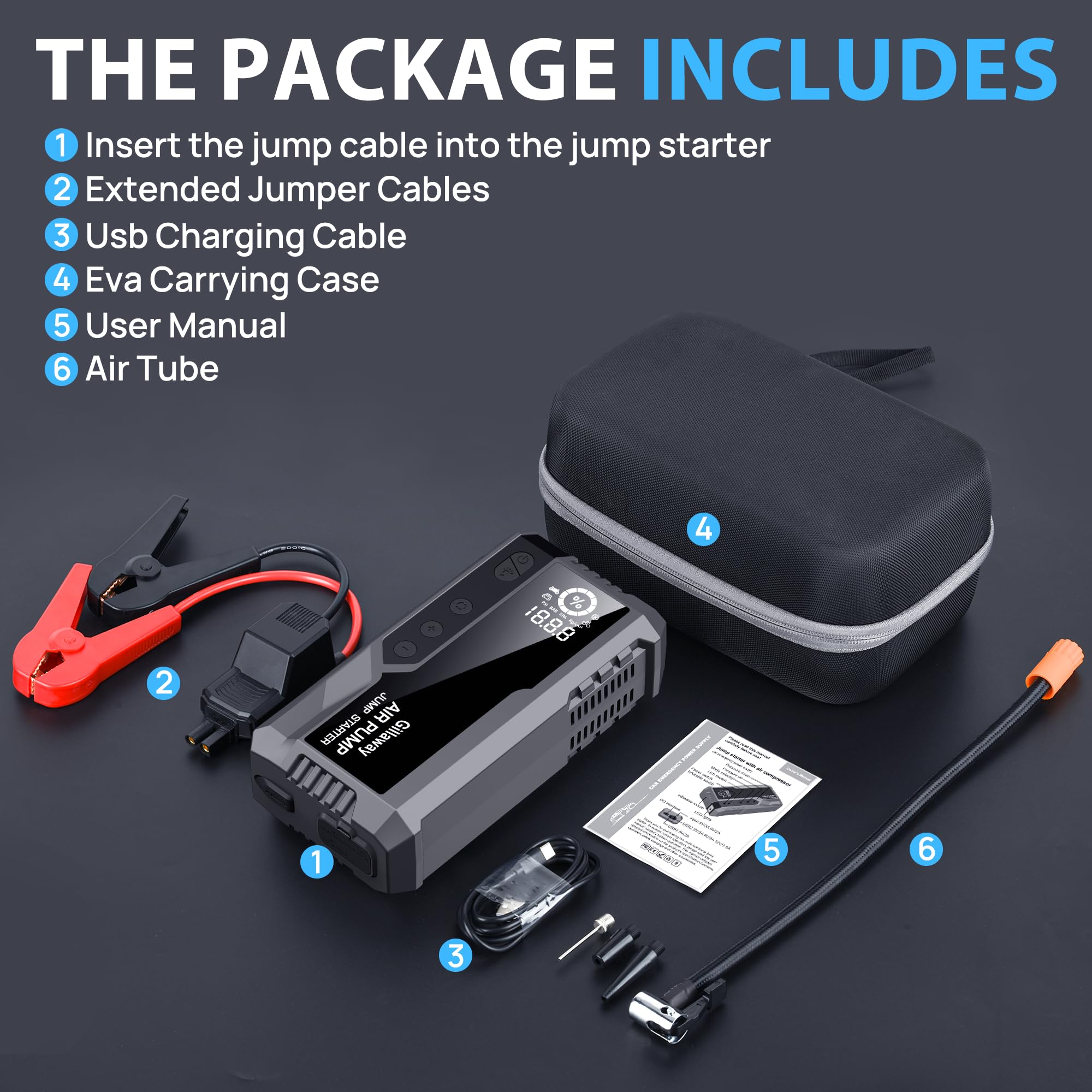 Q21 4500A Portable Car Jump Starter with Air Compressor (150PSI) - 10L Gas/8.0L Diesel Battery Booster, Tire Inflator & LED Light - Emergency Roadside Assistance for Cars, Trucks, SUVs & Motorcycles
