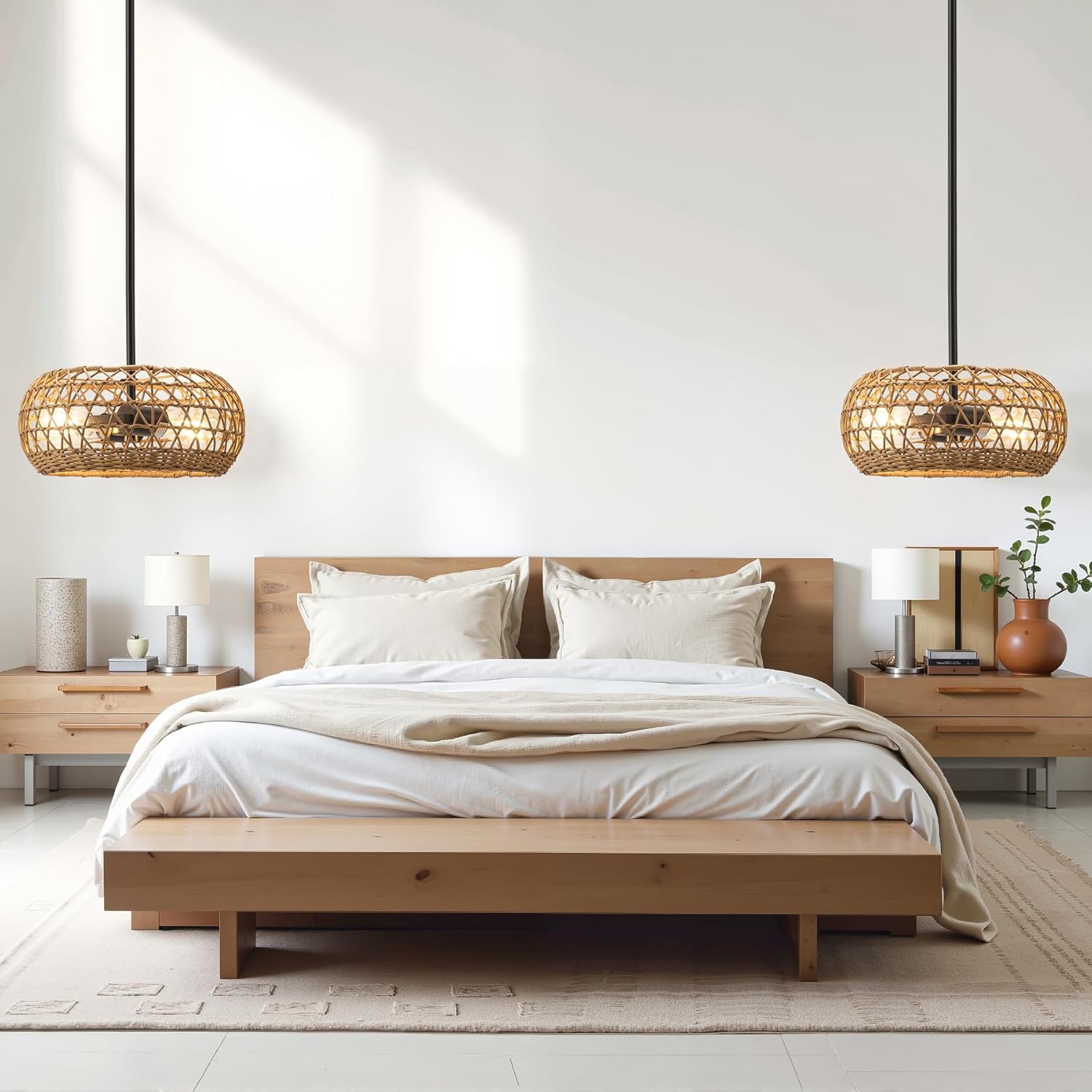 11.8 Inch Boho Rattan Pendant Light Fixture - Hand Woven 2-Light Chandelier for Dining Room, Bedroom & Living Room - Natural Wicker Hanging Lighting for Farmhouse, Coastal & Bohemian Decor
