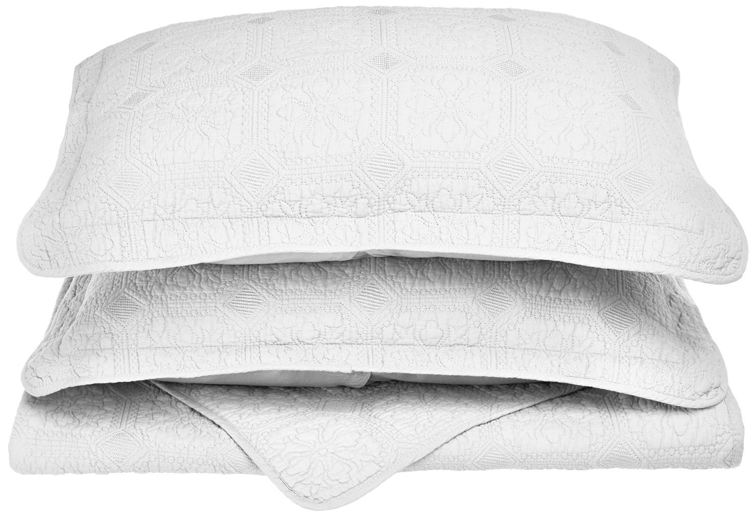 BLUENILEMILLS Full/Queen Quilt Set - 100% Cotton Embossed Corrington Design Bedding - Soft White Luxury Quilt Cover for Master Bedroom, Guest Room & Hotel Decor