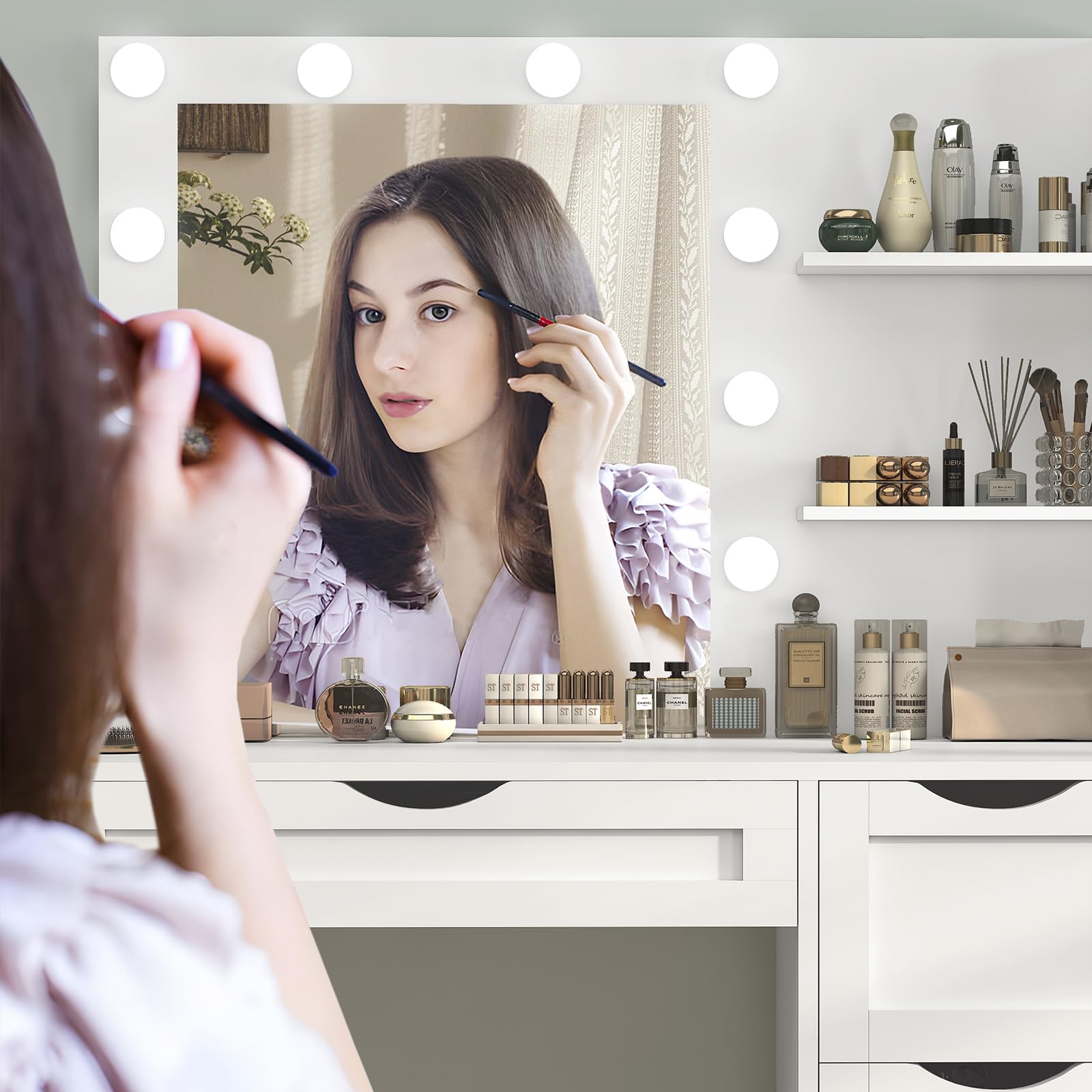 USIKEY White Makeup Vanity Desk with LED Mirror & 10 Adjustable Lights - 4 Drawers, 2 Storage Shelves, 3 Color Modes - Perfect Dressing Table for Bedroom, Home Salon & Beauty Room Organization