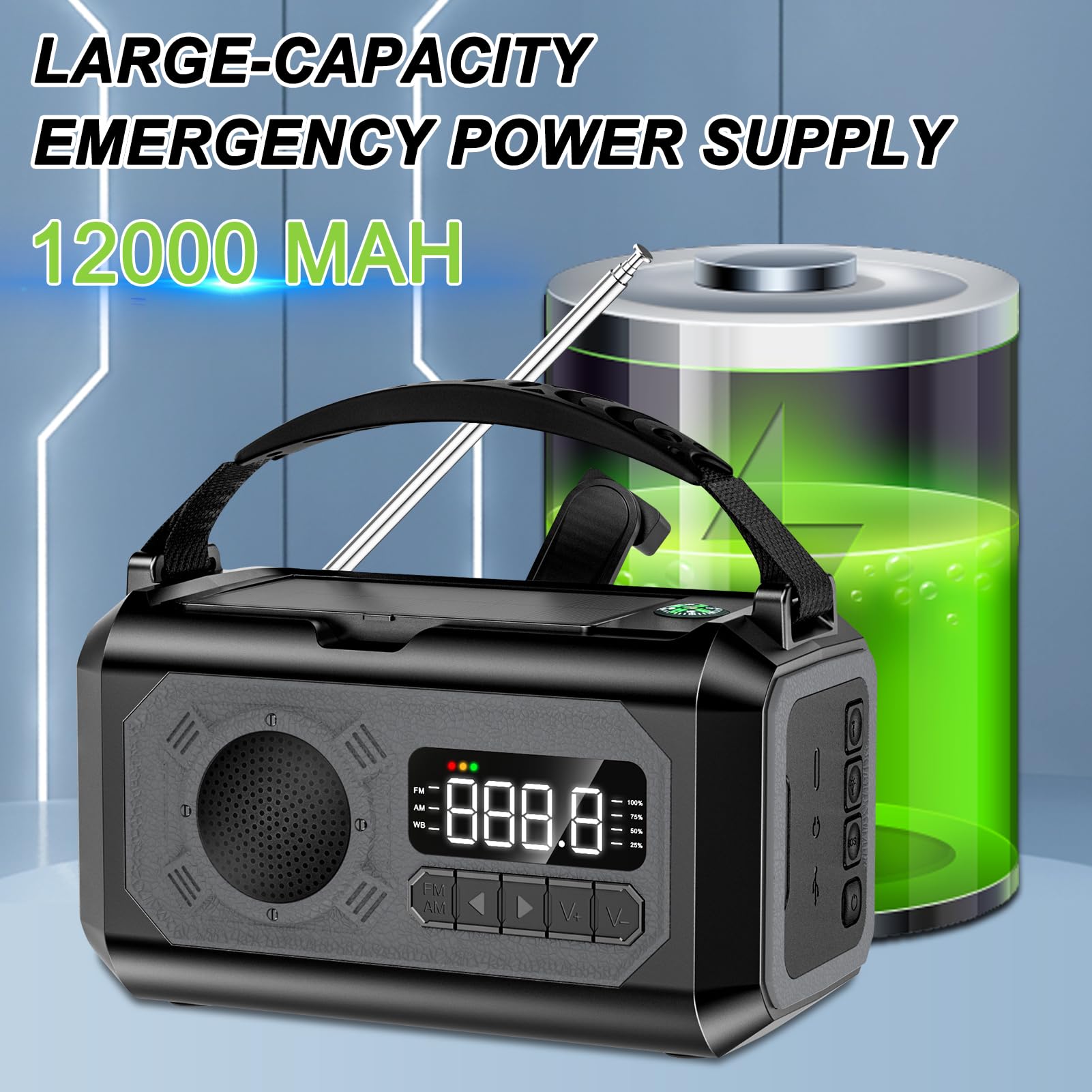 12000mAh Emergency Hand Crank Solar Radio - Portable AM/FM/NOAA Weather Alert Radio with Flashlight, Reading Lamp, SOS Alarm & Power Bank - Perfect for Home, Camping, Hiking & Outdoor Survival (Gray)