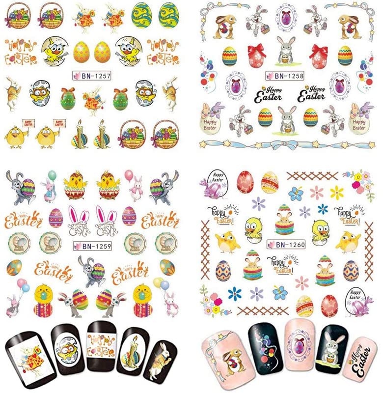 FAMEZA 12 Designs Easter Nail Art Stickers - Bunny, Eggs & Cartoon Rabbit Water Transfer Nail Decals for Women | Spring Nail Decorations for Easter Parties, Nail Salon & DIY Manicures