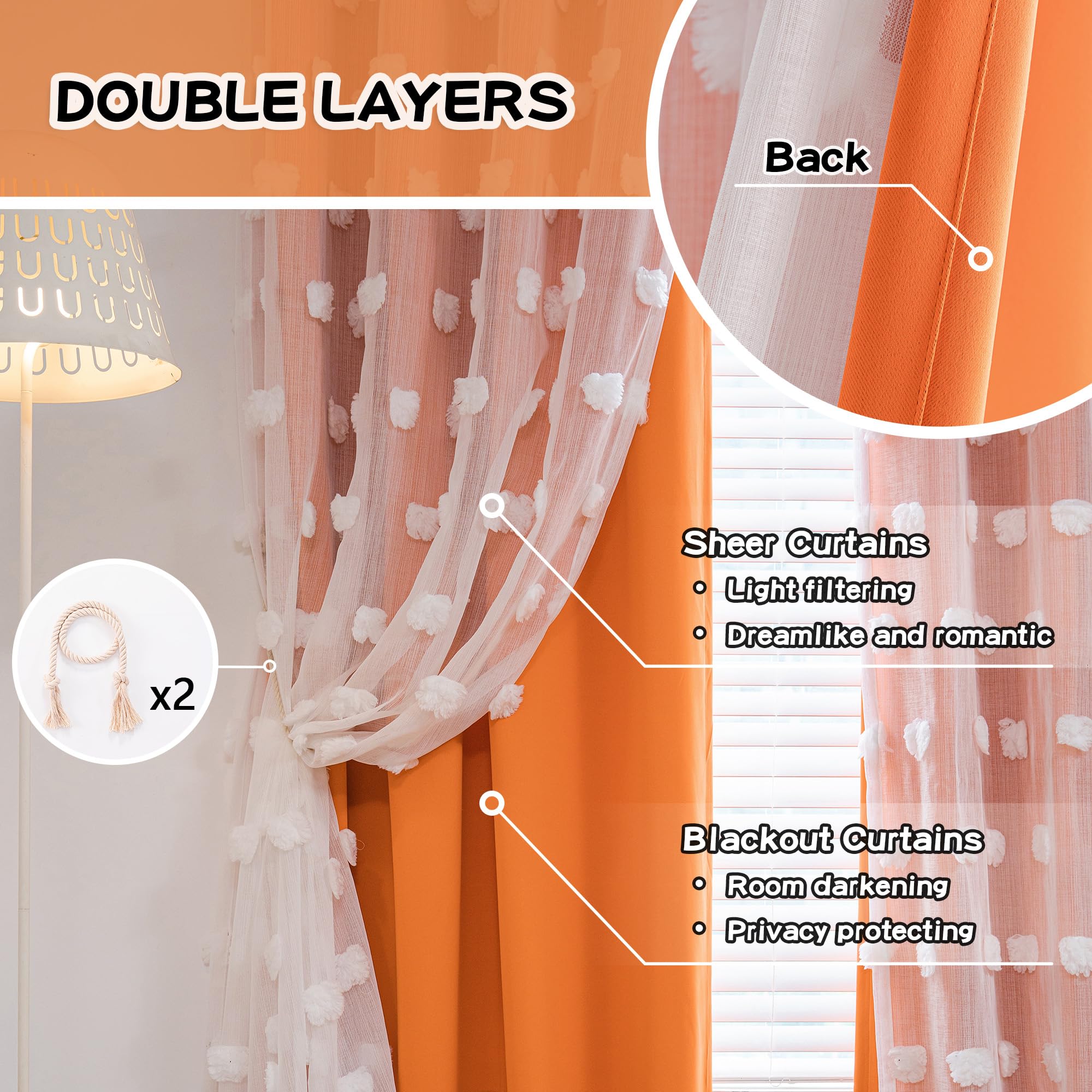 MYSKY HOME Orange Sheer Curtains 95 Inches Long - Grommet Top Blackout Window Panels 52