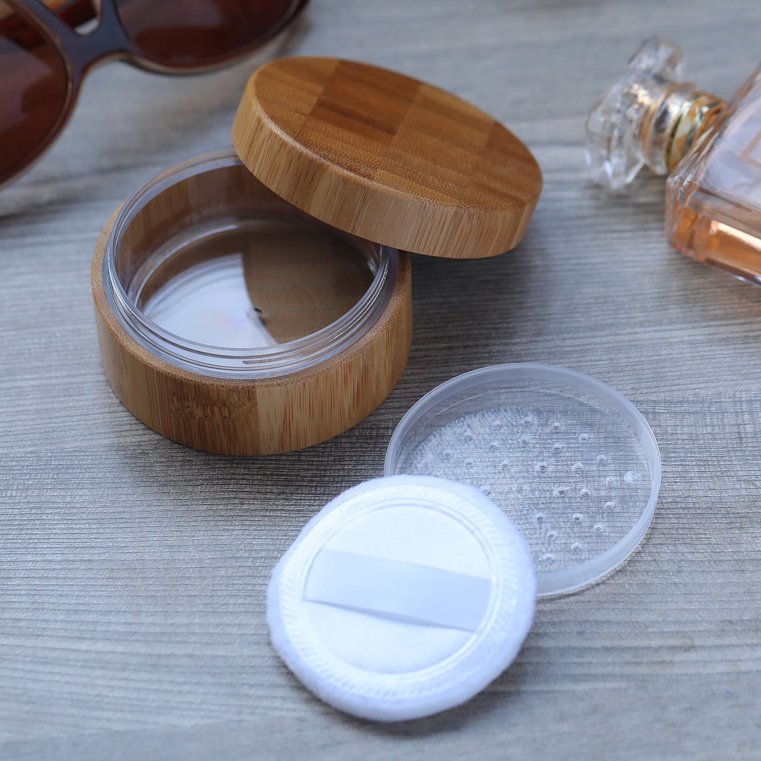 Frienda 30ml Empty Bamboo Loose Powder Container with Sifter Lid & Puff - Refillable Makeup Powder Case for Mineral Foundation, Setting Powder & Blush | Travel-Friendly Cosmetic Storage