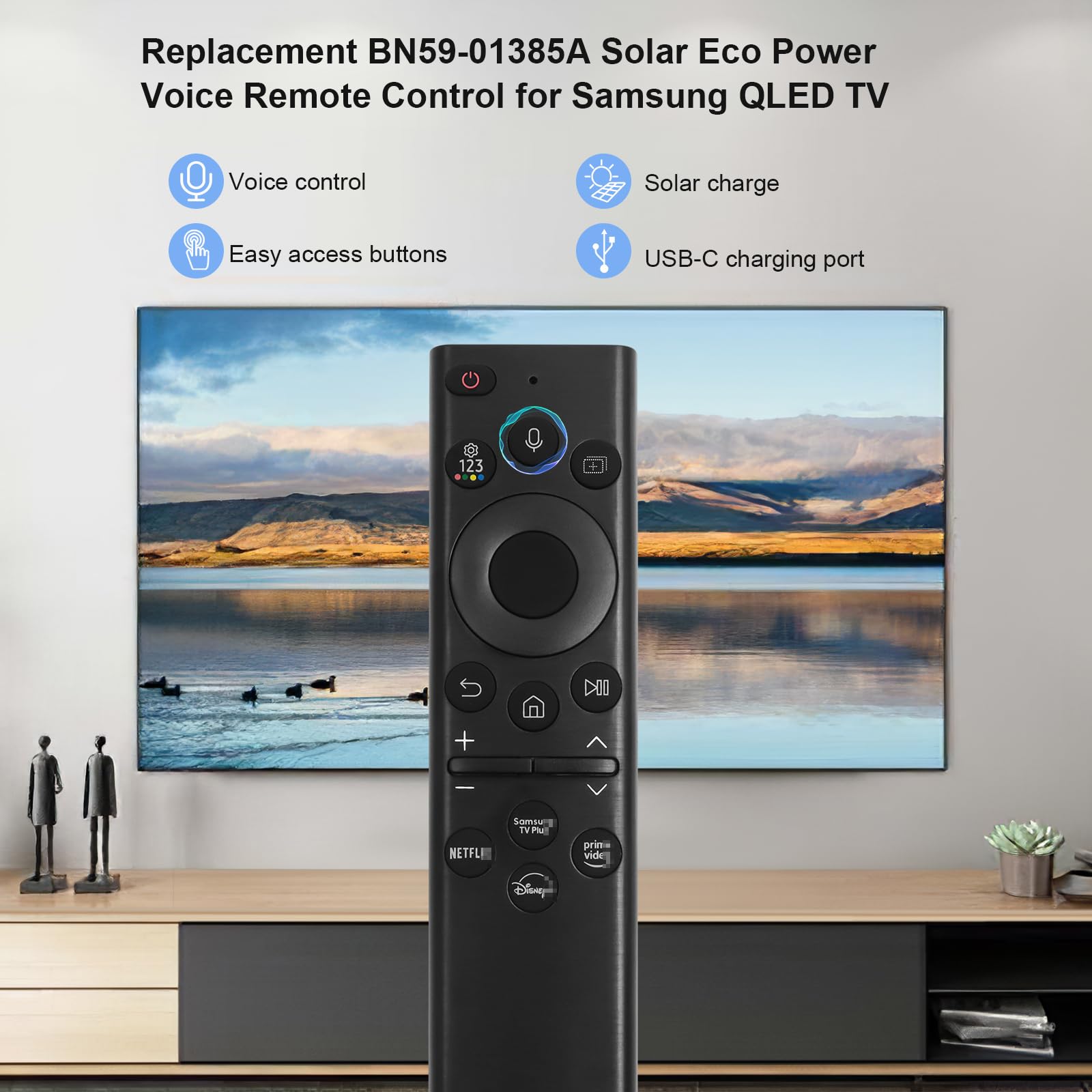 Solar-Powered Bluetooth Voice Remote for Samsung Smart TVs - BN59-01385A Replacement with Rechargeable Battery - Compatible with Frame, Neo, LED, Ultra HD TVs - Perfect for Home Entertainment & Smart TV Control