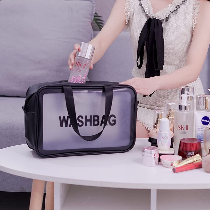 VALAMJI Waterproof Transparent Cosmetic Bag - Travel Toiletry Organizer with Zipper & Handle, Washable Makeup Pouch for Women & Girls (1PC, Black) - Perfect for Air Travel, Gym, Beach & Daily Essentials Storage
