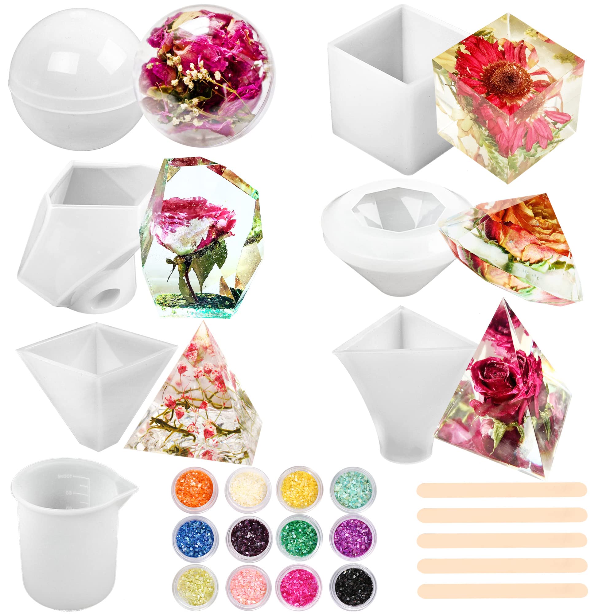 LotFancy 6pcs Epoxy Resin Molds Set - DIY Silicone Molds for Resin Casting, Soap Making, Candle Making (Sphere, Cube, Pyramid, Stone, Diamond Shapes) - Includes Measuring Cup, Stirrers & Glitter Sequins - Perfect for Home Décor, Jewelry Making & Craft Projects