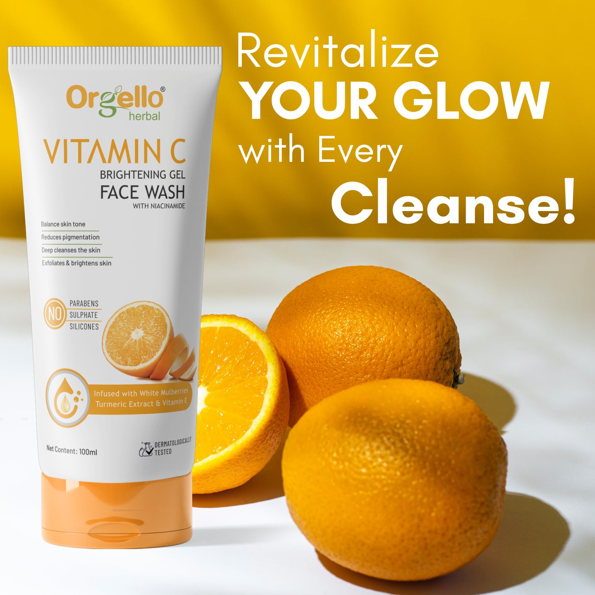 Orgello Herbal Vitamin C Face Wash (100ml) - Brightening, Acne Treatment & Dark Spot Remover for Clear Skin - SLS, Paraben & Silicone Free - Perfect for Daily Skincare & Glowing Complexion