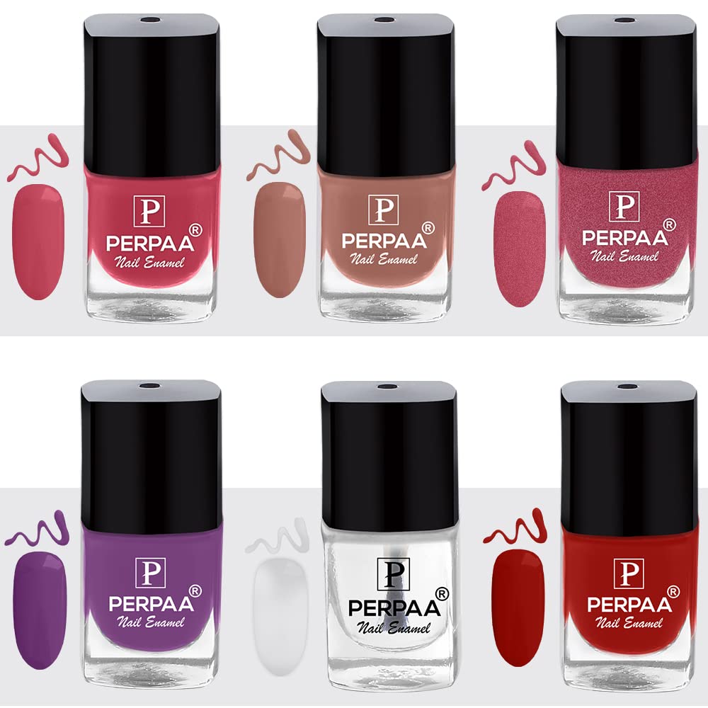 PERPAA® 6-Pack Long-Lasting Gel Nail Polish Set - Quick-Drying, Chip-Resistant (Light Pink, Deep Red, Purple, Nude, Glitter Pink, Clear) for Manicures, Pedicures & Nail Art