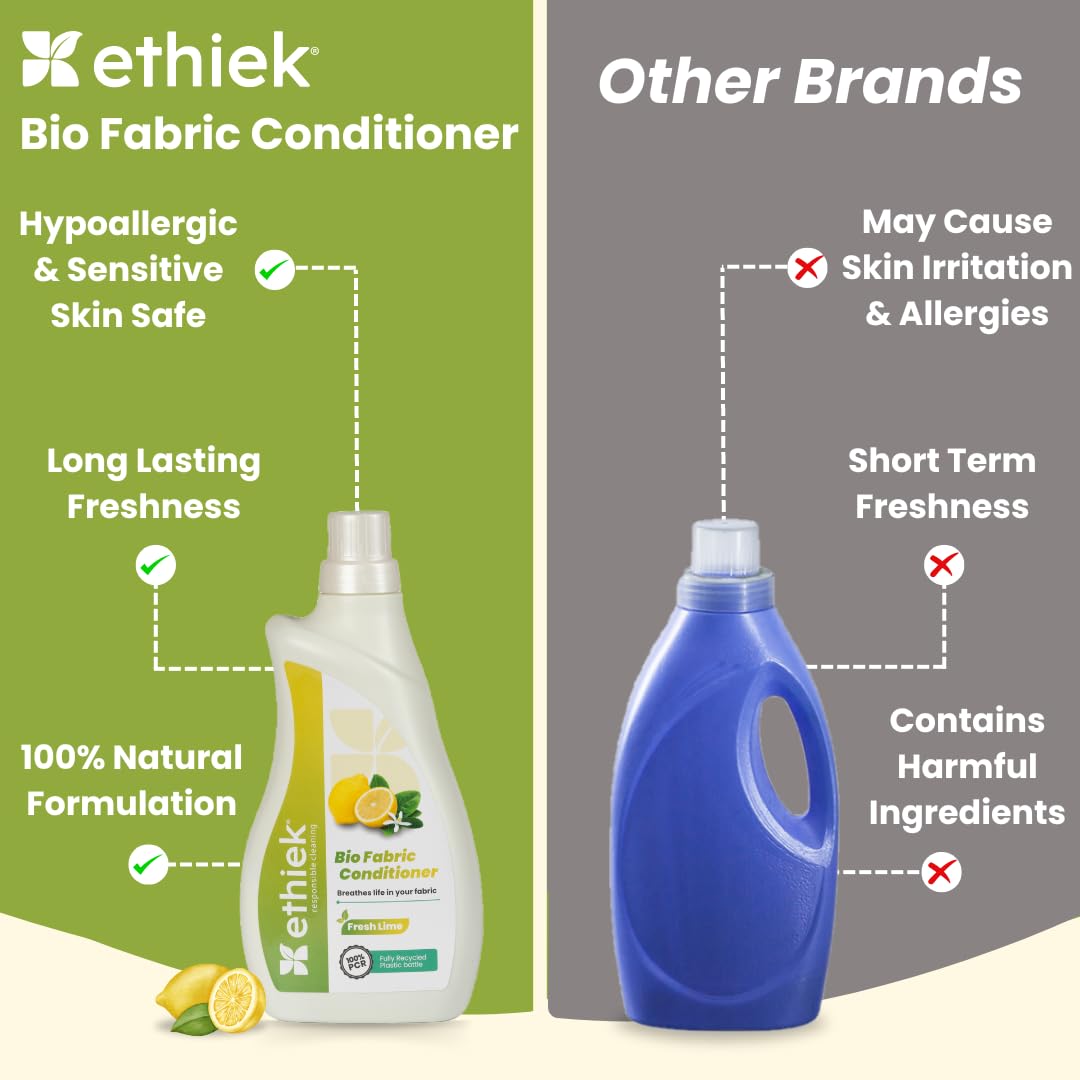 Ethiek Natural Fabric Conditioner & Softener - 500ml | Plant-Based, Non-Toxic, Eco-Friendly & Organic | Softer Clothes with Lemon Freshness | Protects Fabric Shine | Safe for Wool & Baby Clothes | Ideal for Laundry, Delicates & Sensitive Skin Care