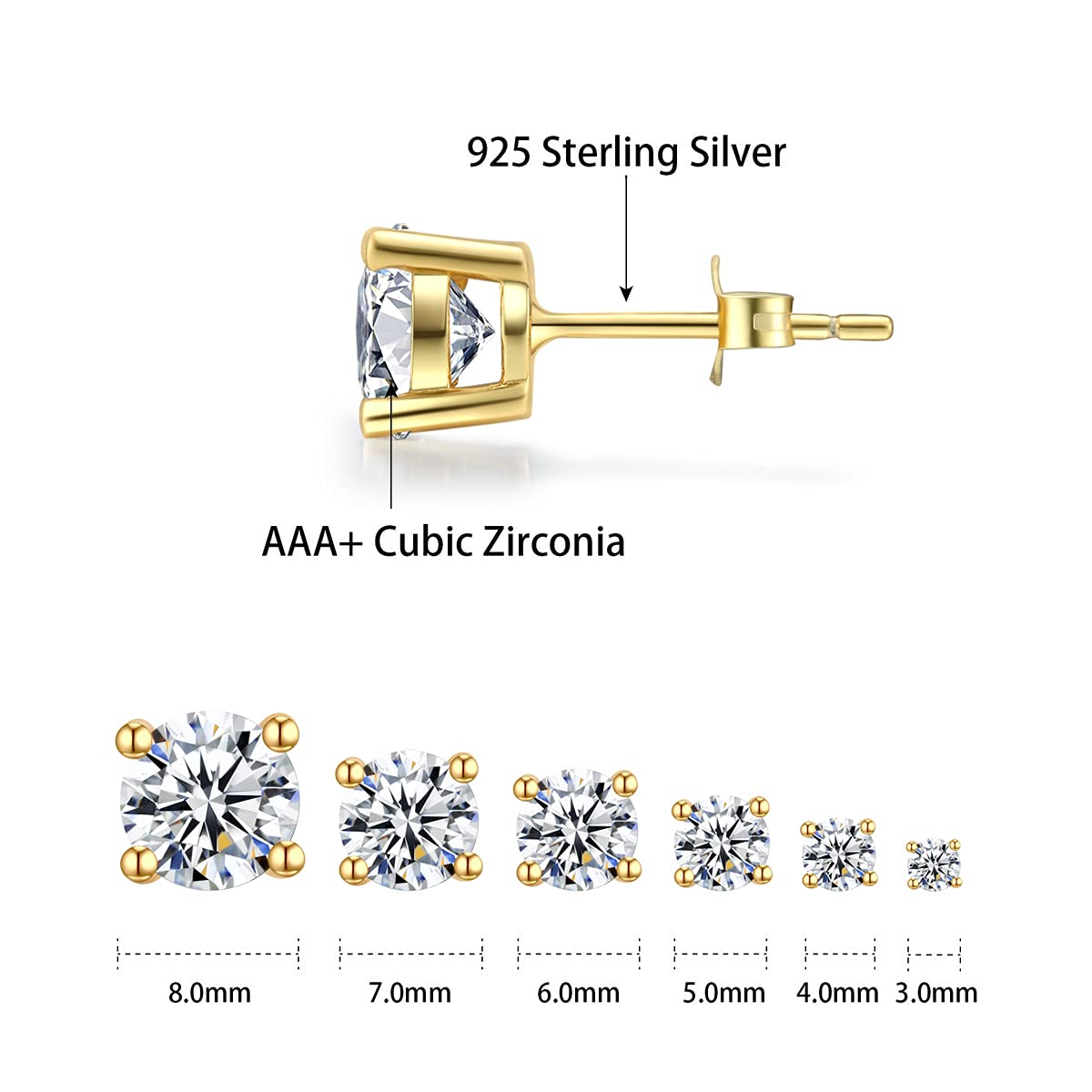 18K Gold Plated Sterling Silver Cubic Zirconia Stud Earrings for Women & Men - Hypoallergenic CZ Diamond Simulated Earrings | Perfect for Weddings, Parties & Everyday Wear