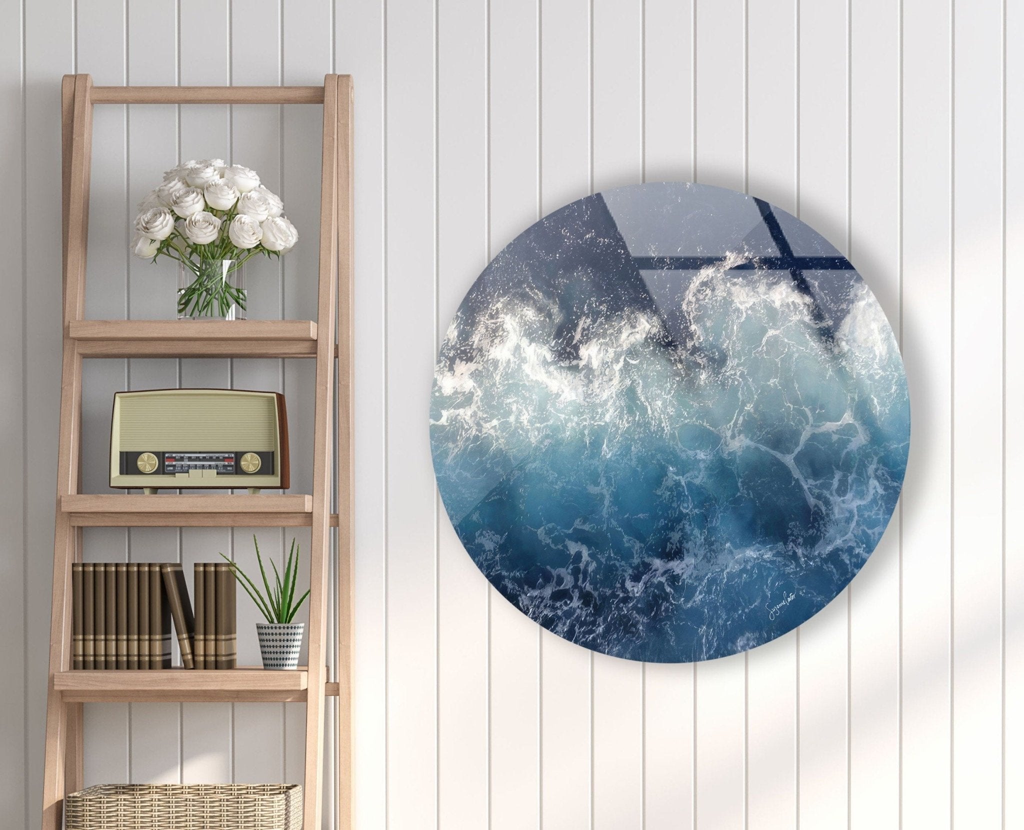 Abstract Round Ocean Waves Glass Wall Art - Coastal Beach Decor for Living Room, Bedroom & Office - Handmade Seascape Mural for Home & Office Decor
