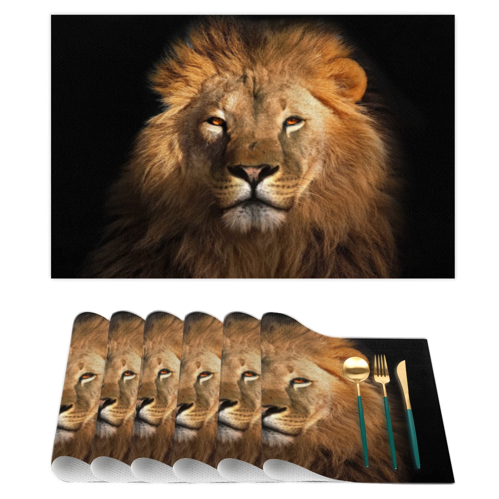 Premium African Lion Head Placemats Set of 6 - Heat & Stain Resistant PVC Woven Vinyl Table Mats for Kitchen & Dining - Washable & Durable for Everyday Use, Dinner Parties & Home Decor