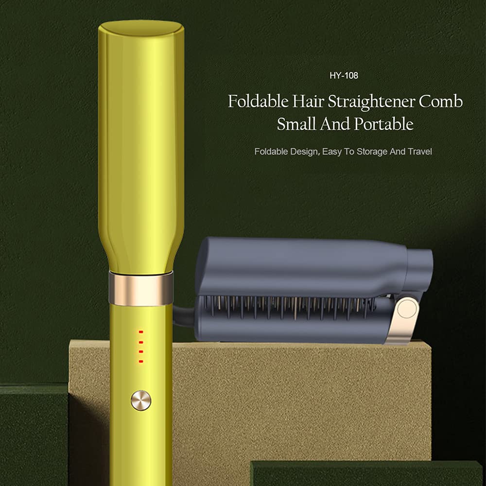 Foldable Hair Straightener Brush - Negative Ion PTC Fast Heating Hair Straightening Iron with 4 Temperature Settings - Dual Use as Hair Curler for Salon & Home Styling (Yellow, UK Plug) - Perfect for Travel, Daily Use & Professional Styling - Layfoo