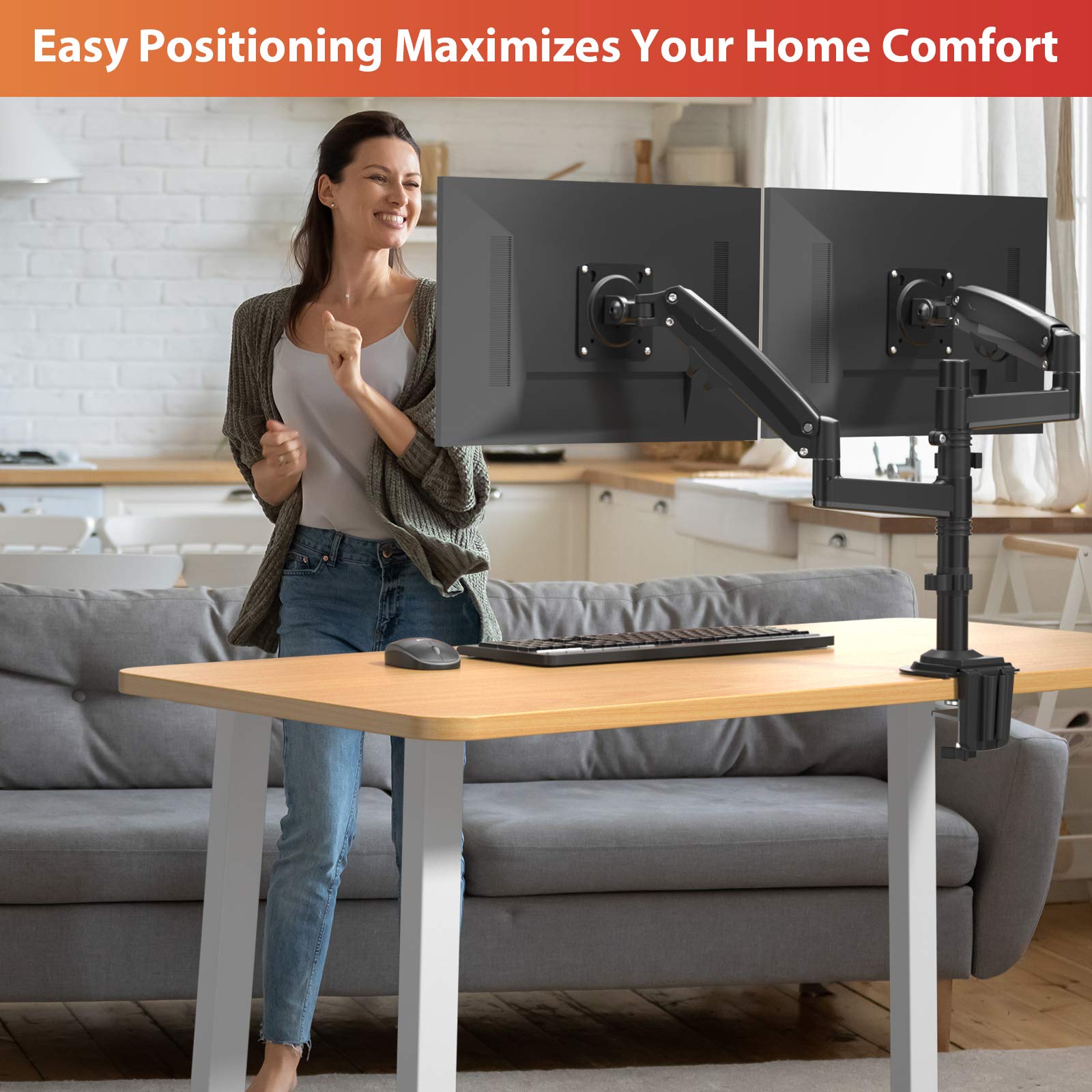 ErGear Dual Monitor Mount Arm 13-32 Inch - Adjustable Gas Spring Desk Stand with VESA 75/100mm, C Clamp & Grommet Mounting for Flat/Curved Screens (Holds 26.5lbs) - Perfect for Home Office, Gaming Setup & Workspace Ergonomics