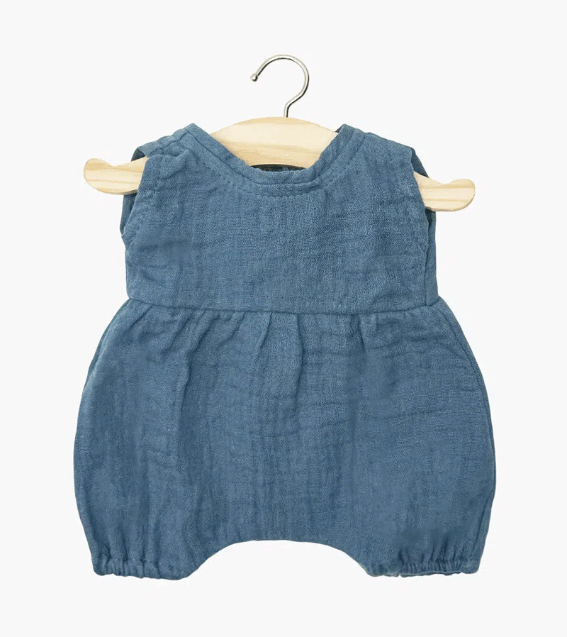 Minikane Blue Cotton Gauze Noa Romper with Pouch - Soft Baby Doll Outfit for Newborns & Toddlers | Perfect for Photo Shoots, Gift Giving & Everyday Play