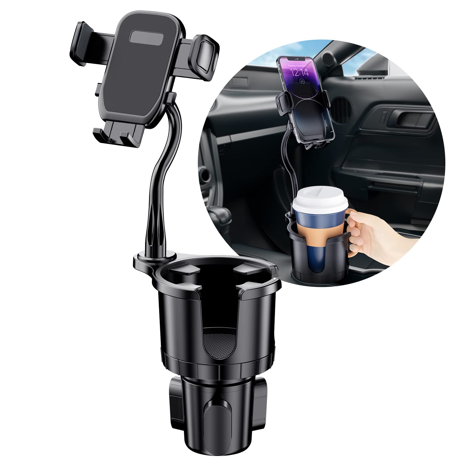FONKEN 2-in-1 Car Cup Holder Phone Mount - Adjustable 360° Rotating Gooseneck Cell Phone Holder for All Smartphones | Stable Car Accessory for Hands-Free Driving, Commuting & Road Trips