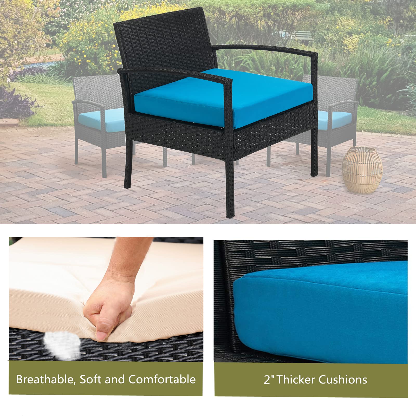3-Piece Outdoor Patio Furniture Set - Wicker Chairs with Table & Cushions for Balcony, Backyard, Porch - Blue Bistro Set for Relaxing & Entertaining
