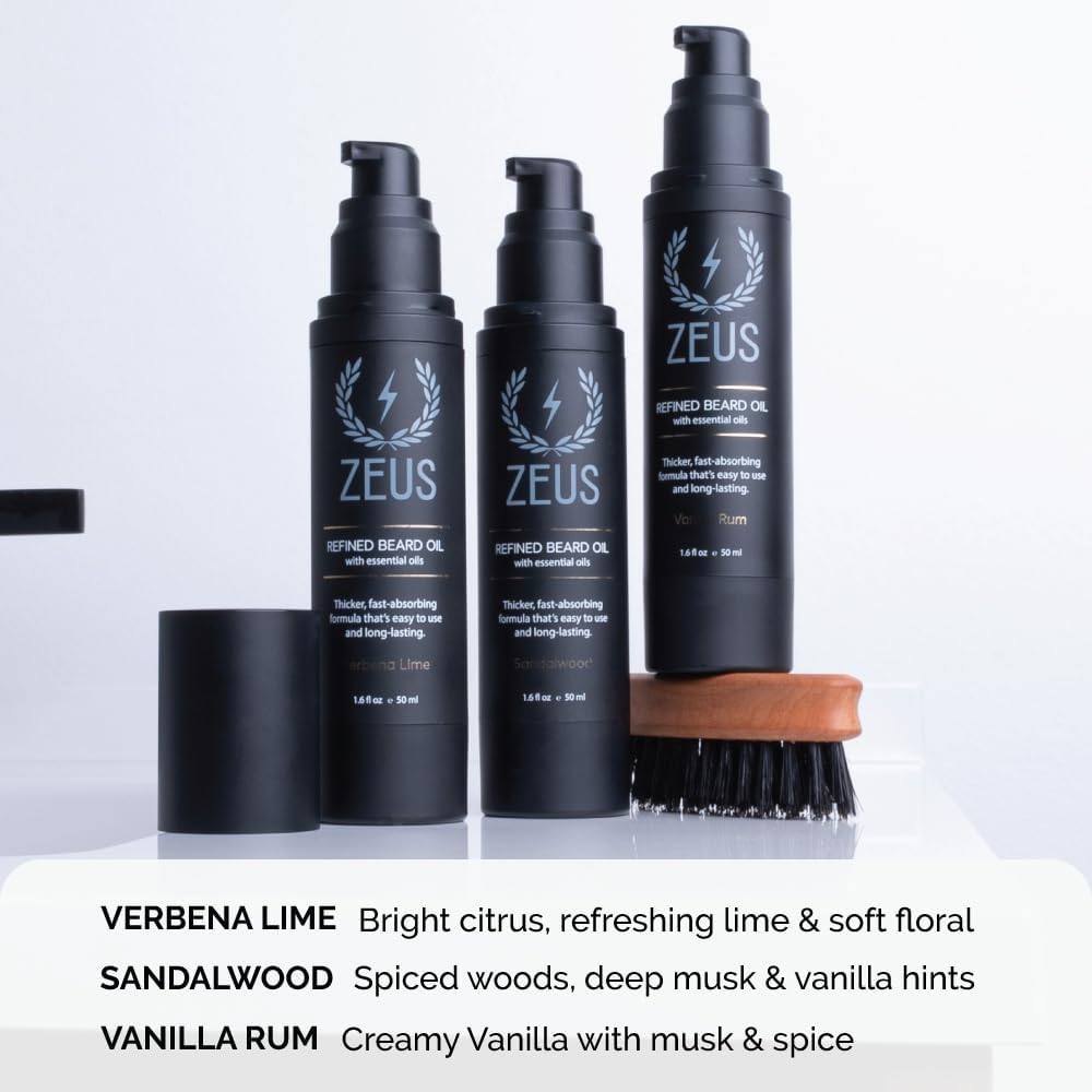 ZEUS Refined Beard Oil for Men - Leave-In Conditioner for Softer Beard & Mustache - Natural Sandalwood Scent - Made in USA - 1.6 oz - Perfect for Daily Grooming & Styling