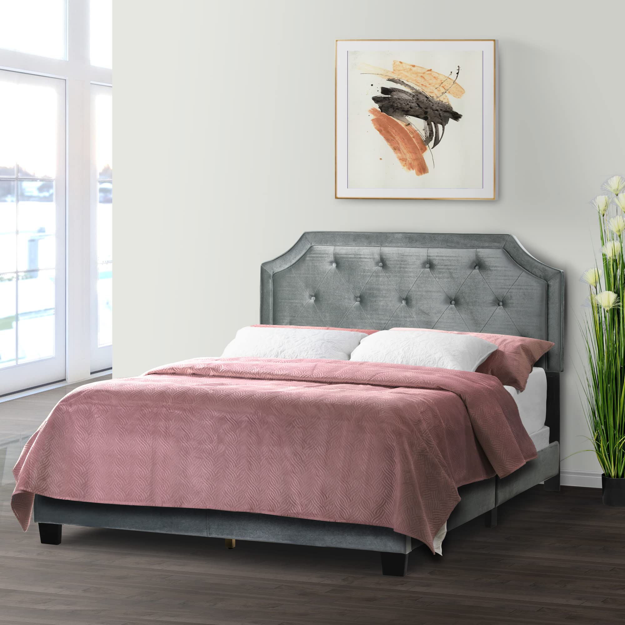 Luxury Aria Silver Grey Velvet Queen Bed with Piping & Button Tufting - Elegant Upholstered Bed Frame for Master Bedroom, Guest Room or Apartment