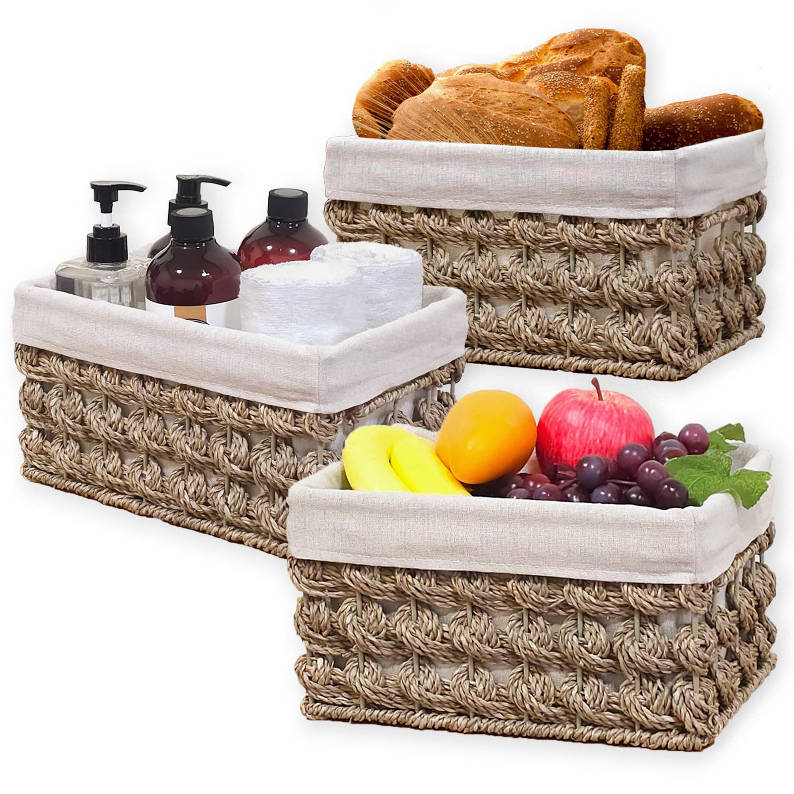 Ellinia Woven Seagrass Storage Basket Set of 3 - Natural Rectangular Wicker Bins with Liner & Built-in Handles for Countertop, Shelf & Home Organization | Perfect for Bathroom, Living Room & Bedroom Storage