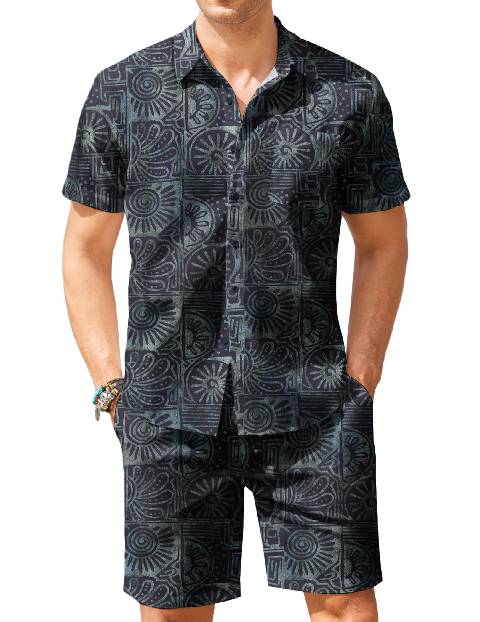 COOFANDY Men's Hawaiian Floral Print 2-Piece Outfit - Matching Short Sleeve Shirt & Swim Shorts Set for Summer Beach Vacation, Pool Party & Tropical Getaway
