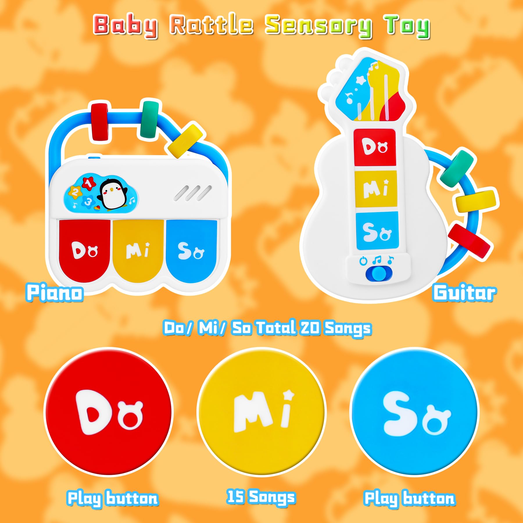 **5PCS Baby Rattle Teething Toys with Music - Montessori Sensory Toys for Infants 0-18 Months, Travel & Christmas Gifts for Boys & Girls | Perfect for Soothing, Learning & Playtime**