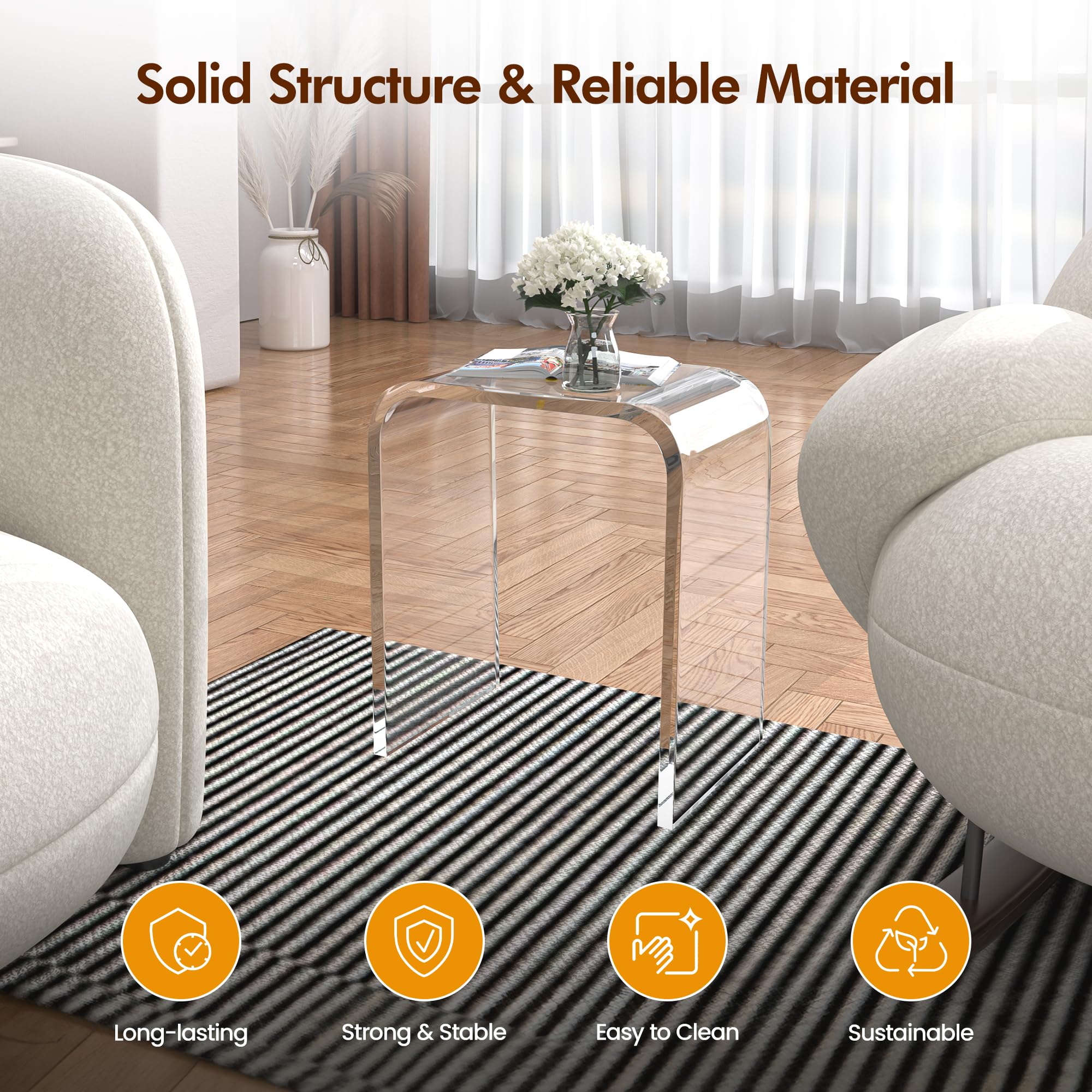 WAHFAY Clear Acrylic End Table - Modern Lucite Coffee Table with Waterfall Edges, Contemporary Square Nightstand & Side Table for Living Room, Bedroom, Office - Perfect for Small Spaces & Minimalist Decor