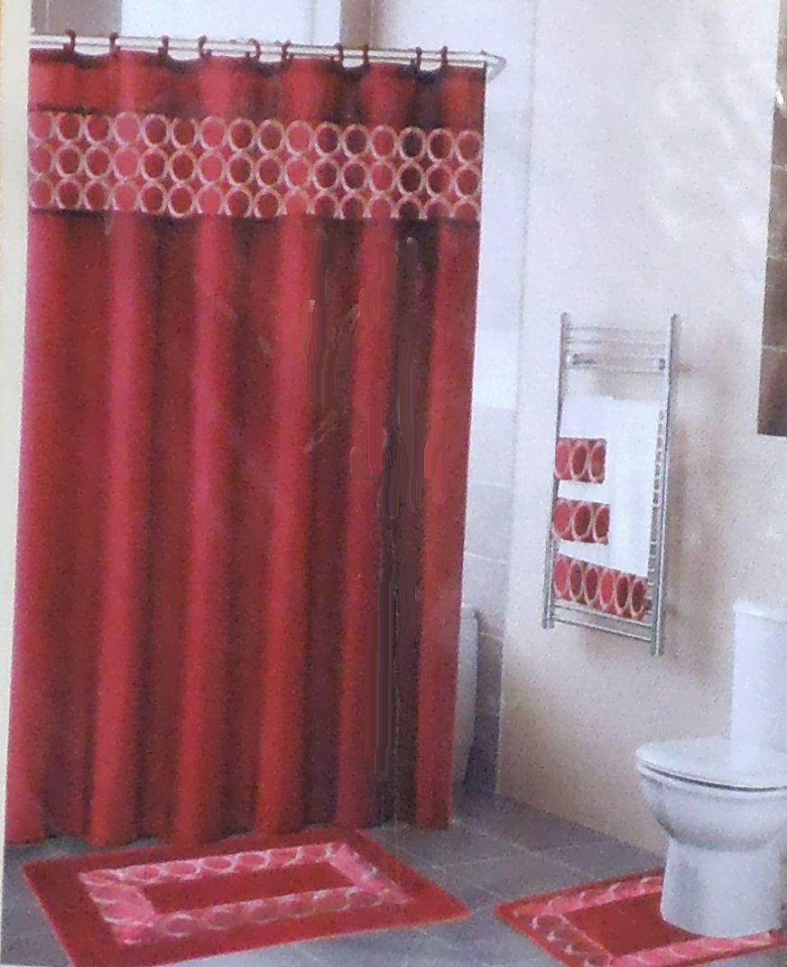 18-Piece Burgundy Bathroom Set - Bath Mat, Contour Mat, Shower Curtain with 12 Rings & 3-Piece Towel Set | Luxury Spa-Style Decor for Master Bath & Guest Bathrooms