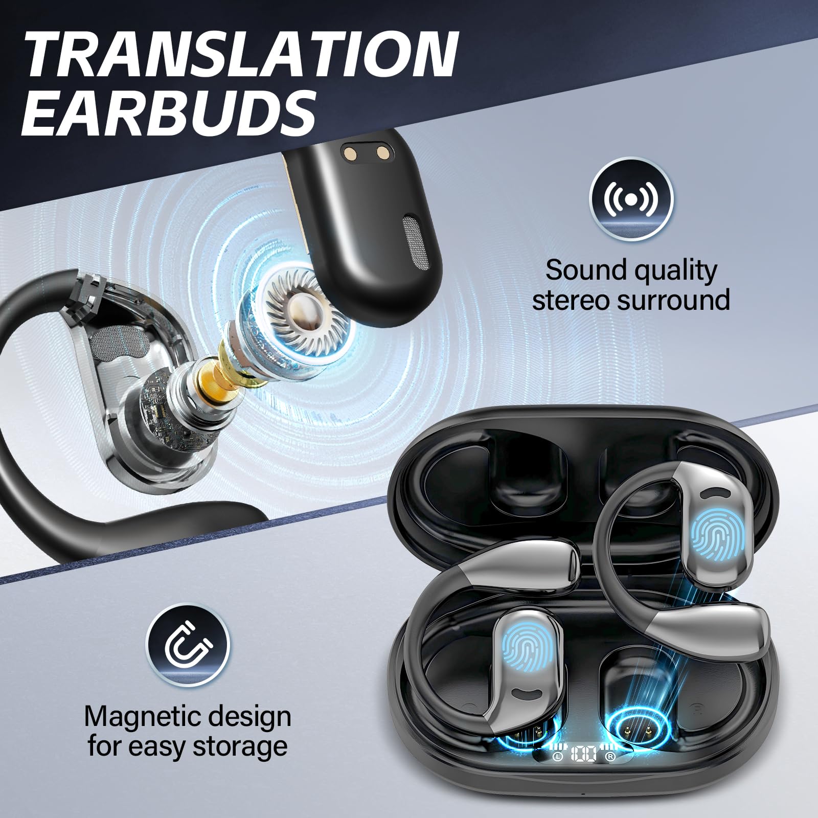 AI Translator Earbuds with Real-Time 144 Language Translation - 3-in-1 Wireless Earbuds for Travel, Business & Learning | Perfect for International Meetings, Language Practice & Global Adventures (Black)