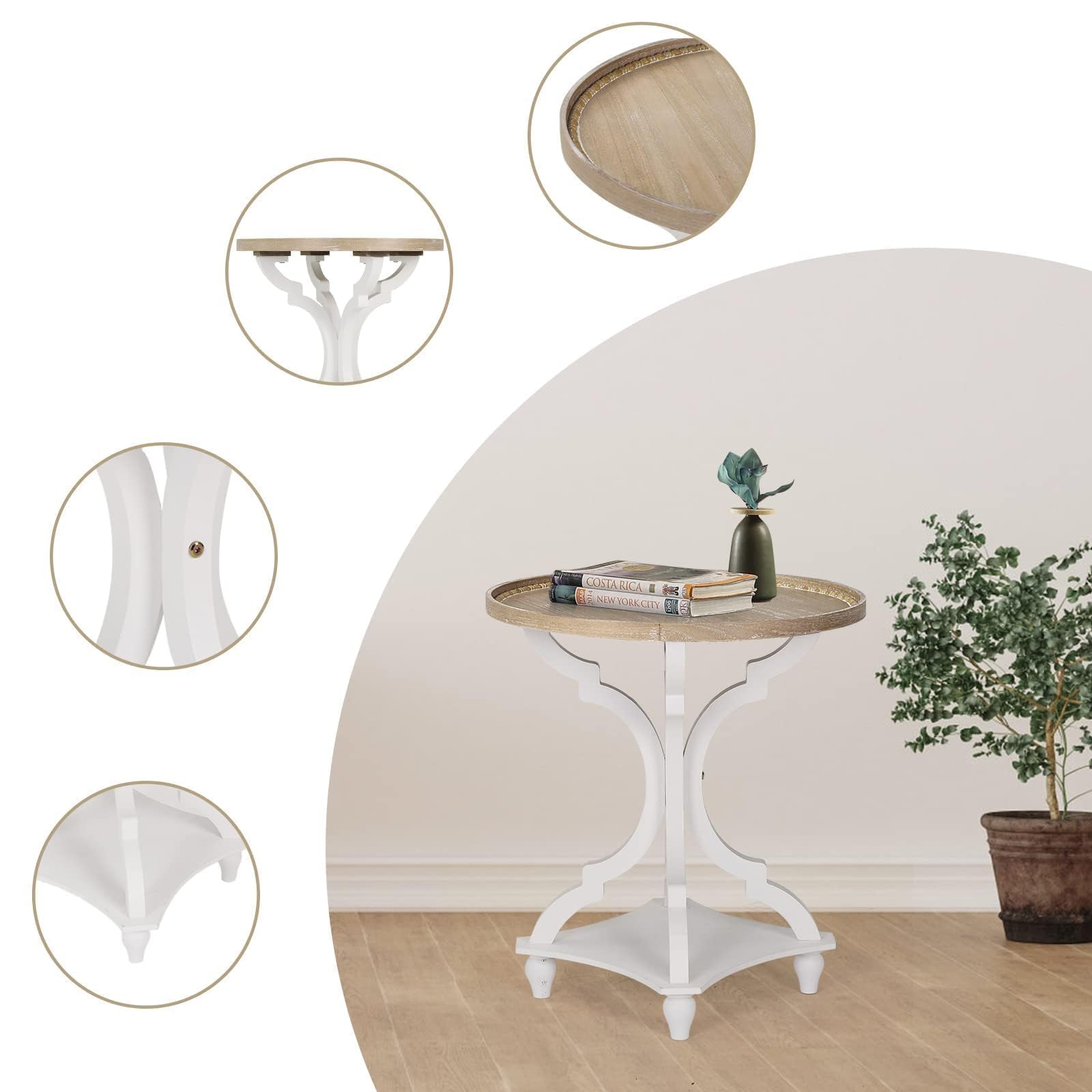 Wnutrees Farmhouse Round Accent End Table Set of 2 - Rustic Wood Side Table & Nightstand with Tray Top, Handcrafted White Finish - Perfect for Living Room, Bedroom & Cozy Home Decor