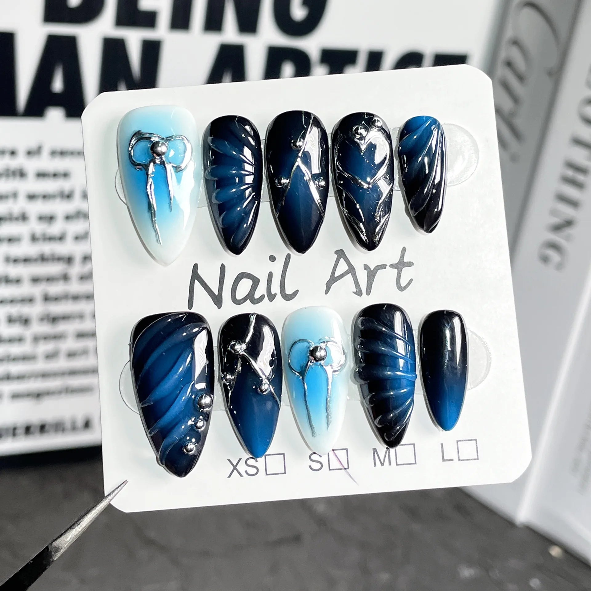 10Pcs Y2K Sweet Cool Almond Handmade Gel Press on Nails - 3D Blue False Nails with Metallic Bow Design & Glue | Acrylic Nail Tips for Parties, Weddings, Prom & Special Occasions