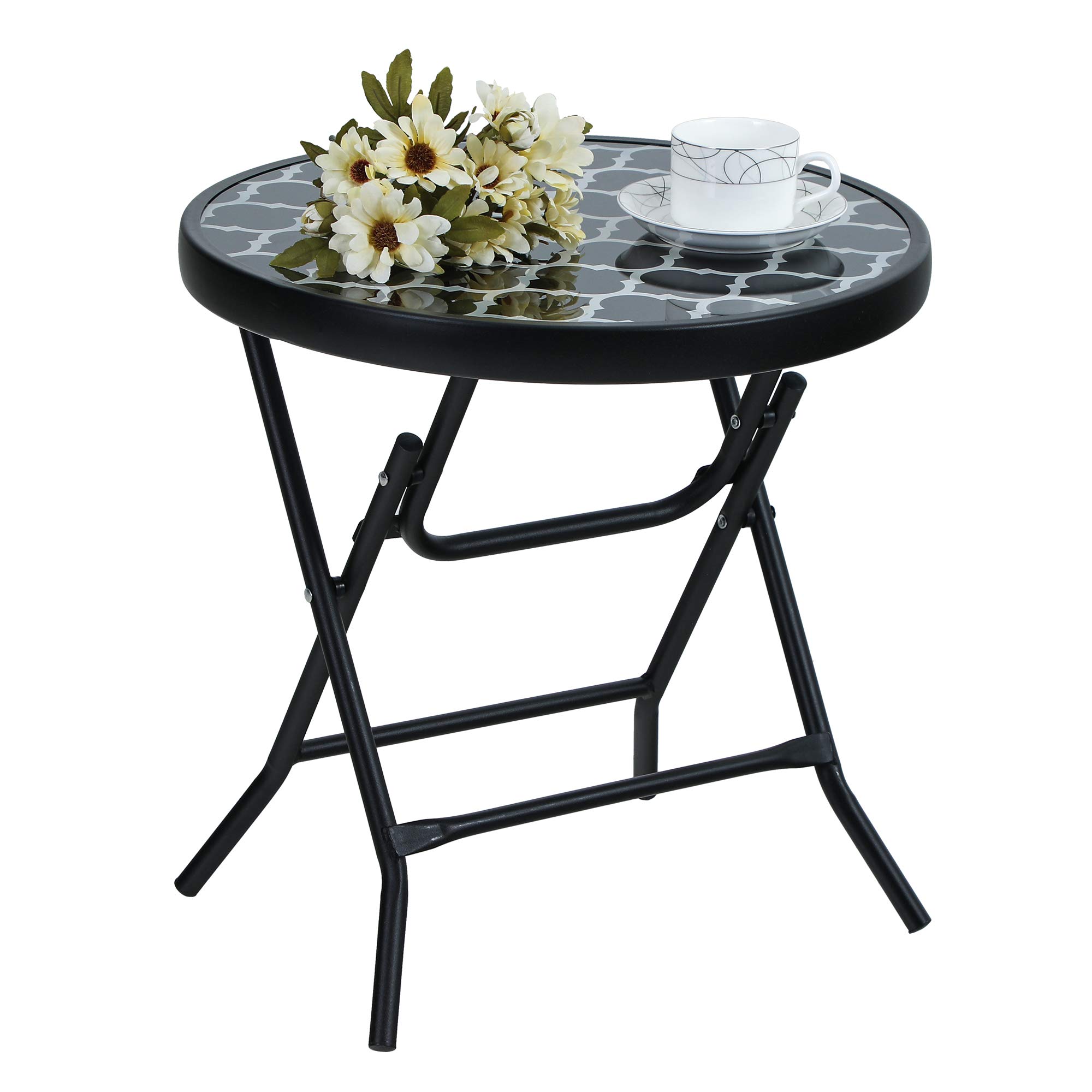 Foldable Round Side Table - Glass Top Metal Base Coffee Table for Balcony, Garden, Patio & Living Room | Weatherproof & Easy Care | Perfect for Outdoor Dining, Relaxing & Small Space Decor