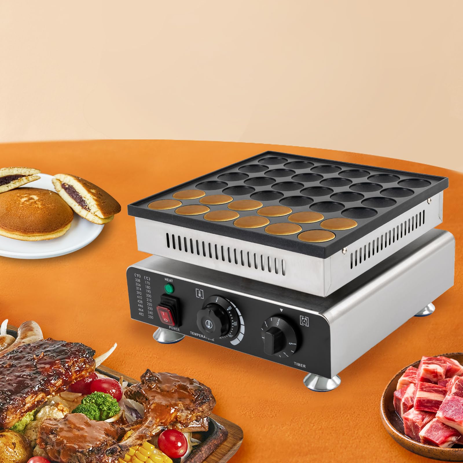 36pcs Mini Pancake Maker - Commercial Electric Dutch Pancake Baker Machine with Nonstick Surface, Adjustable Thermostat & Timer (900W 110V) - Perfect for Home Kitchen, Restaurant, Breakfast Buffet, and Catering Events